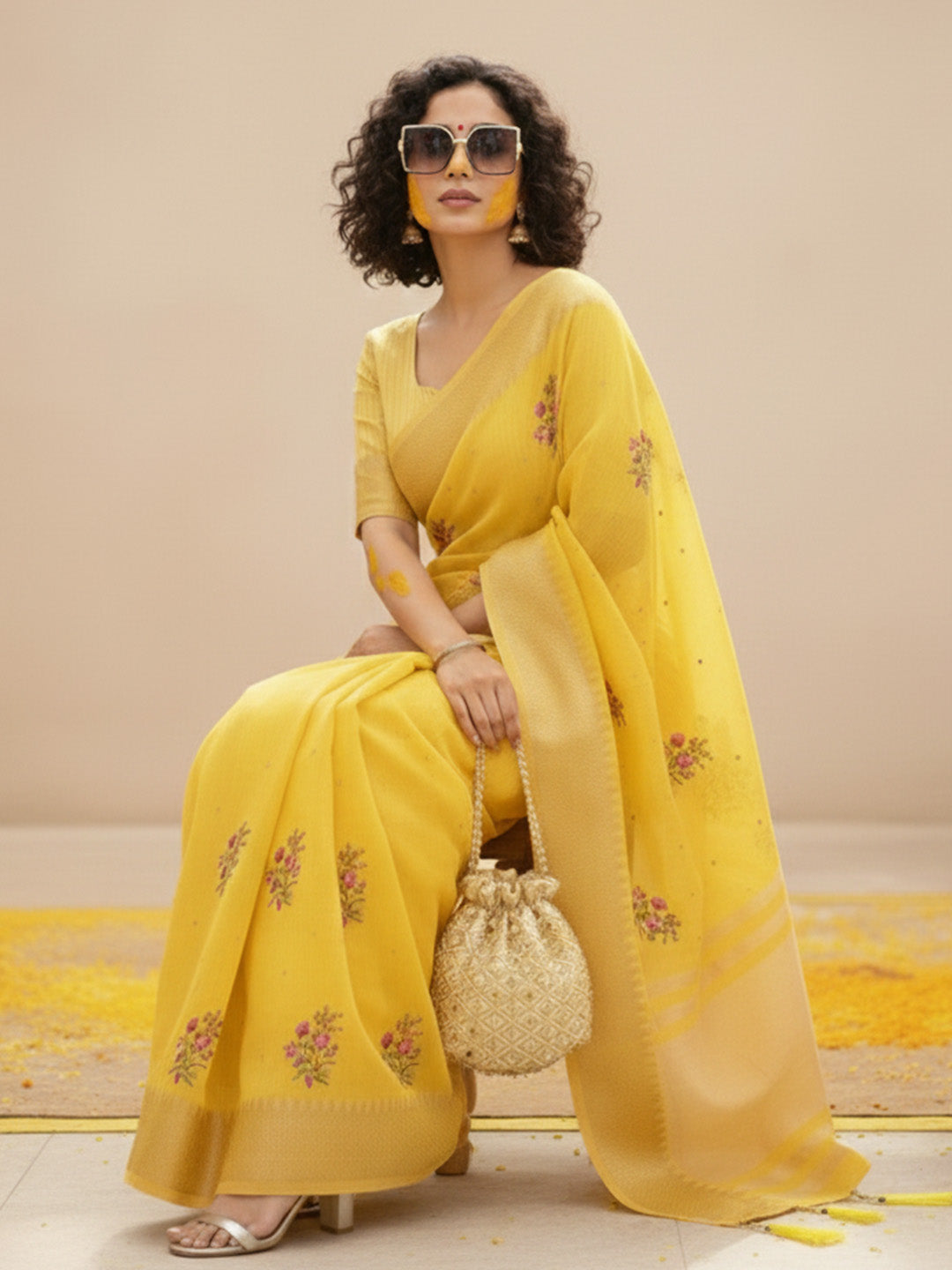 Urban Pallu Floral Sequinned Silk Blend Fusion Saree