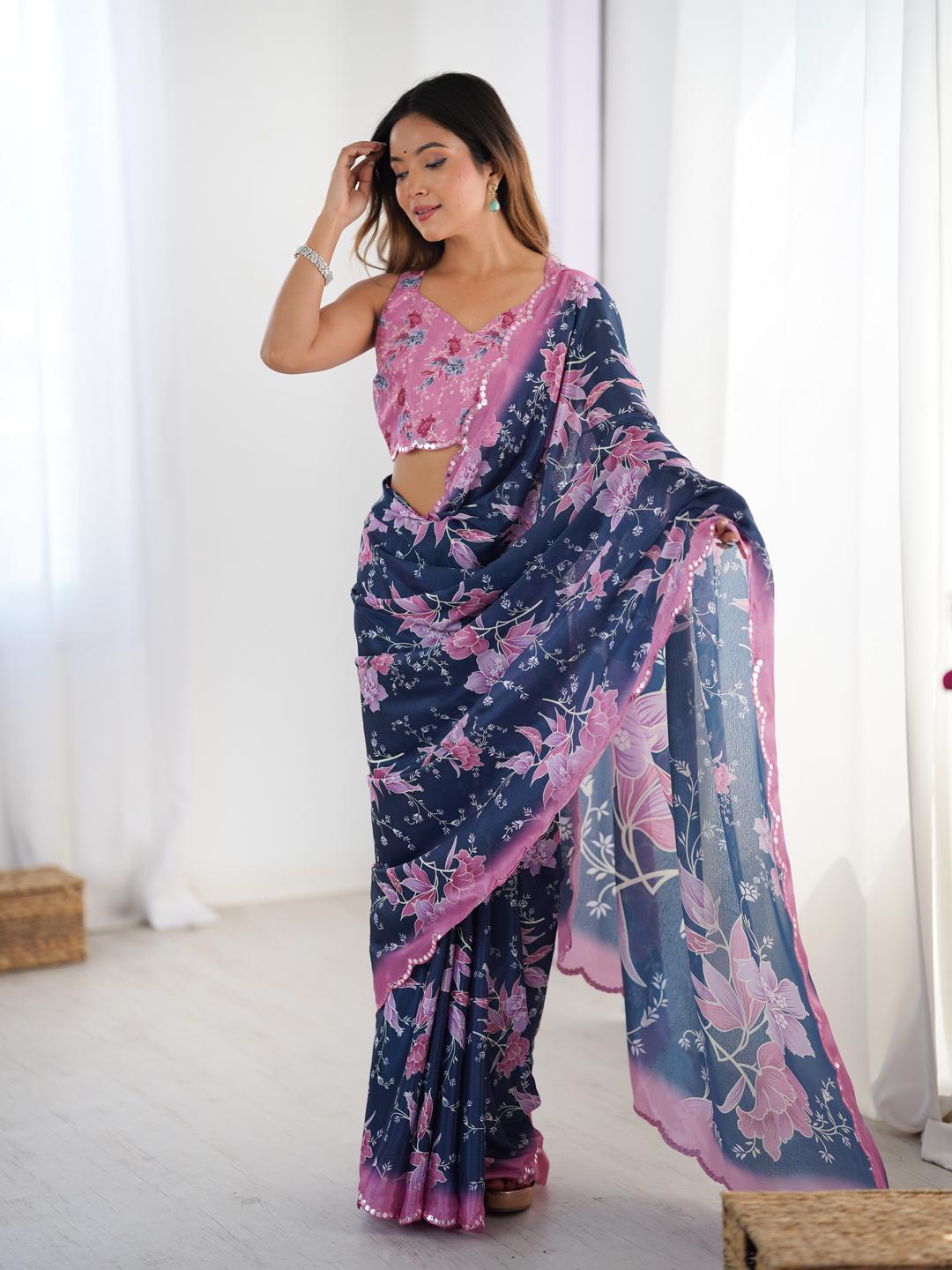 Urban Pallu Floral Sequinned Silk Blend Fusion Saree