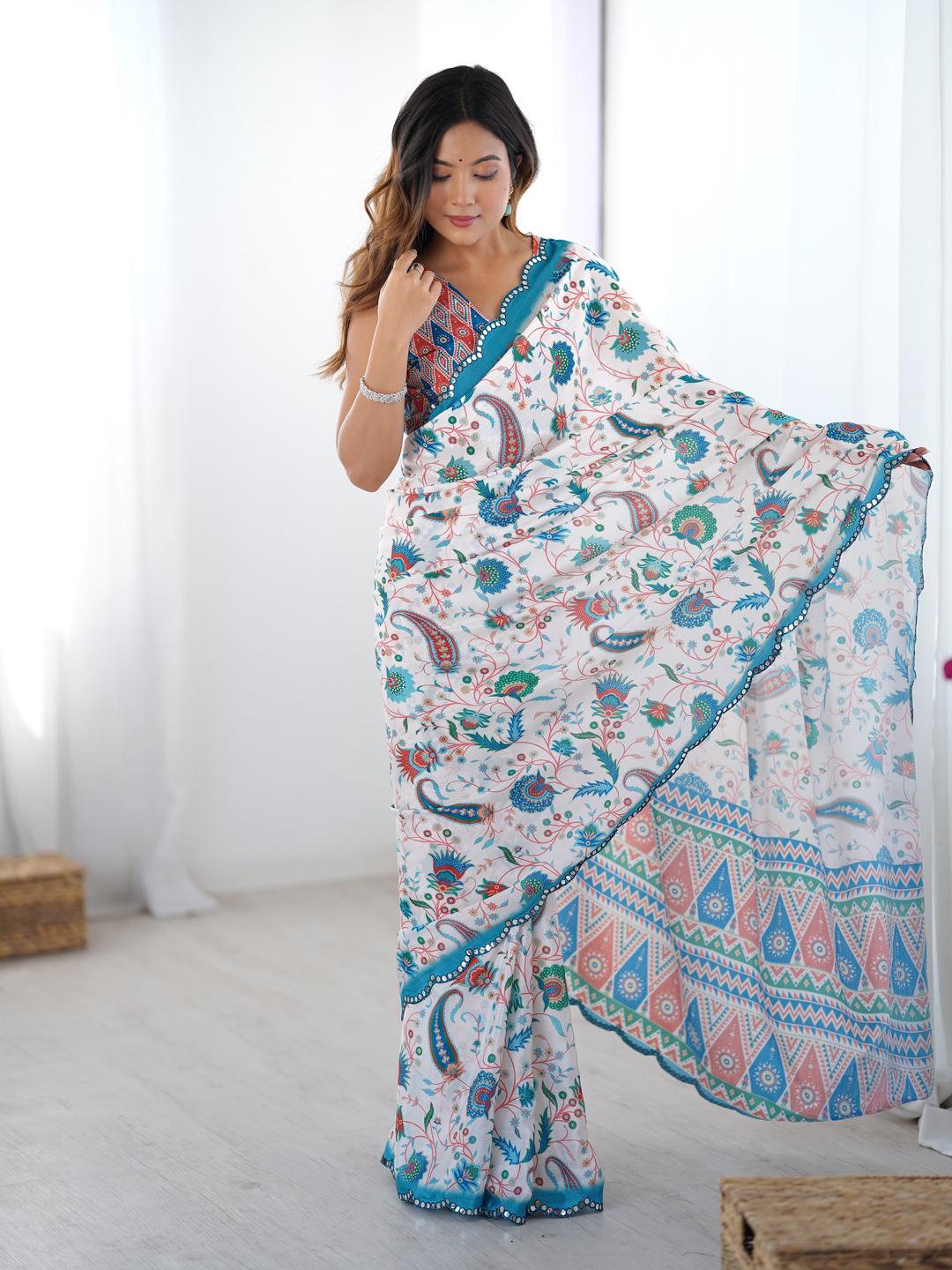 Urban Pallu Ethnic Motifs Mirror Work Silk Blend Saree