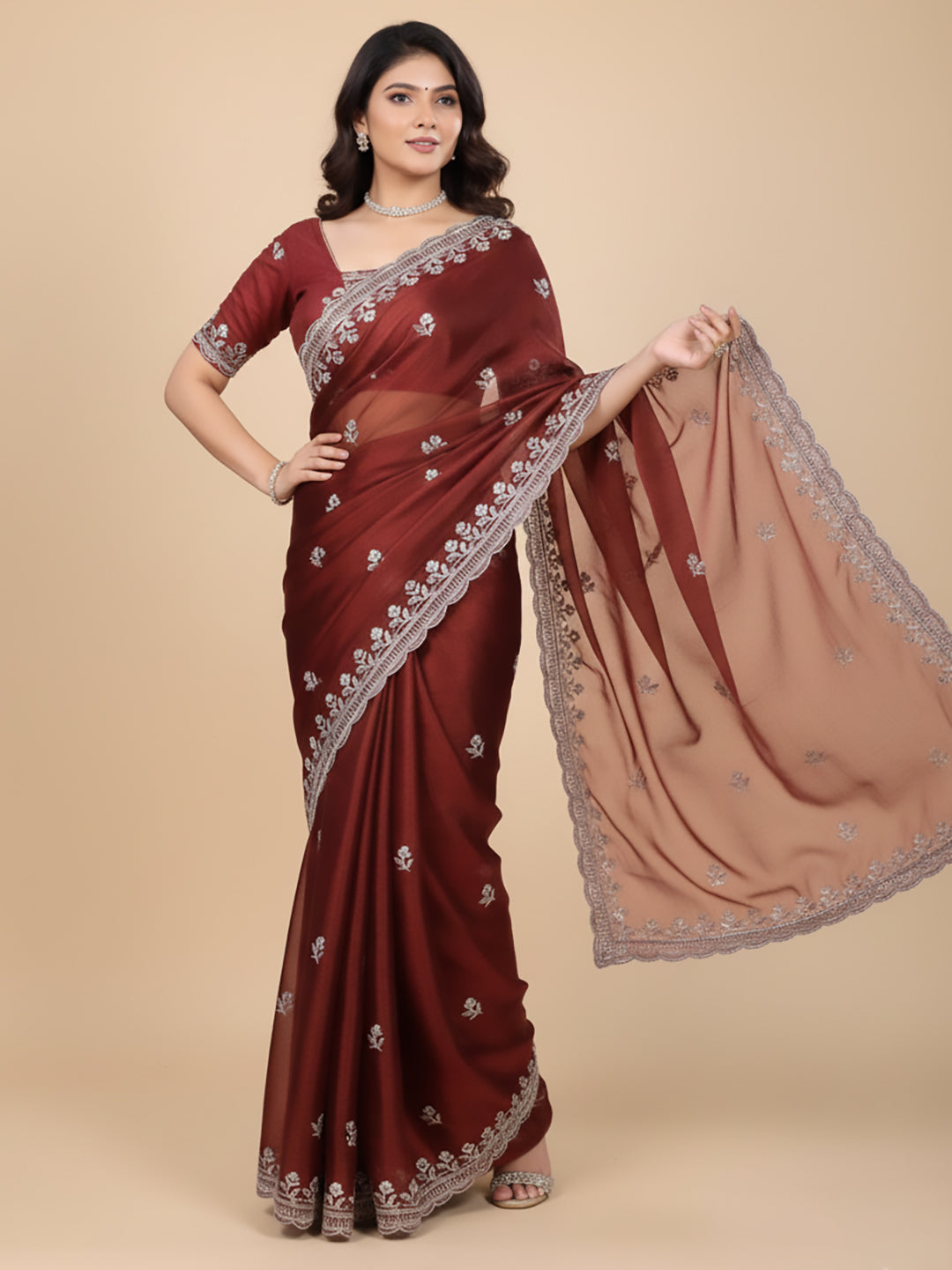 Urban Pallu Floral Sequinned Silk Blend Fusion Saree
