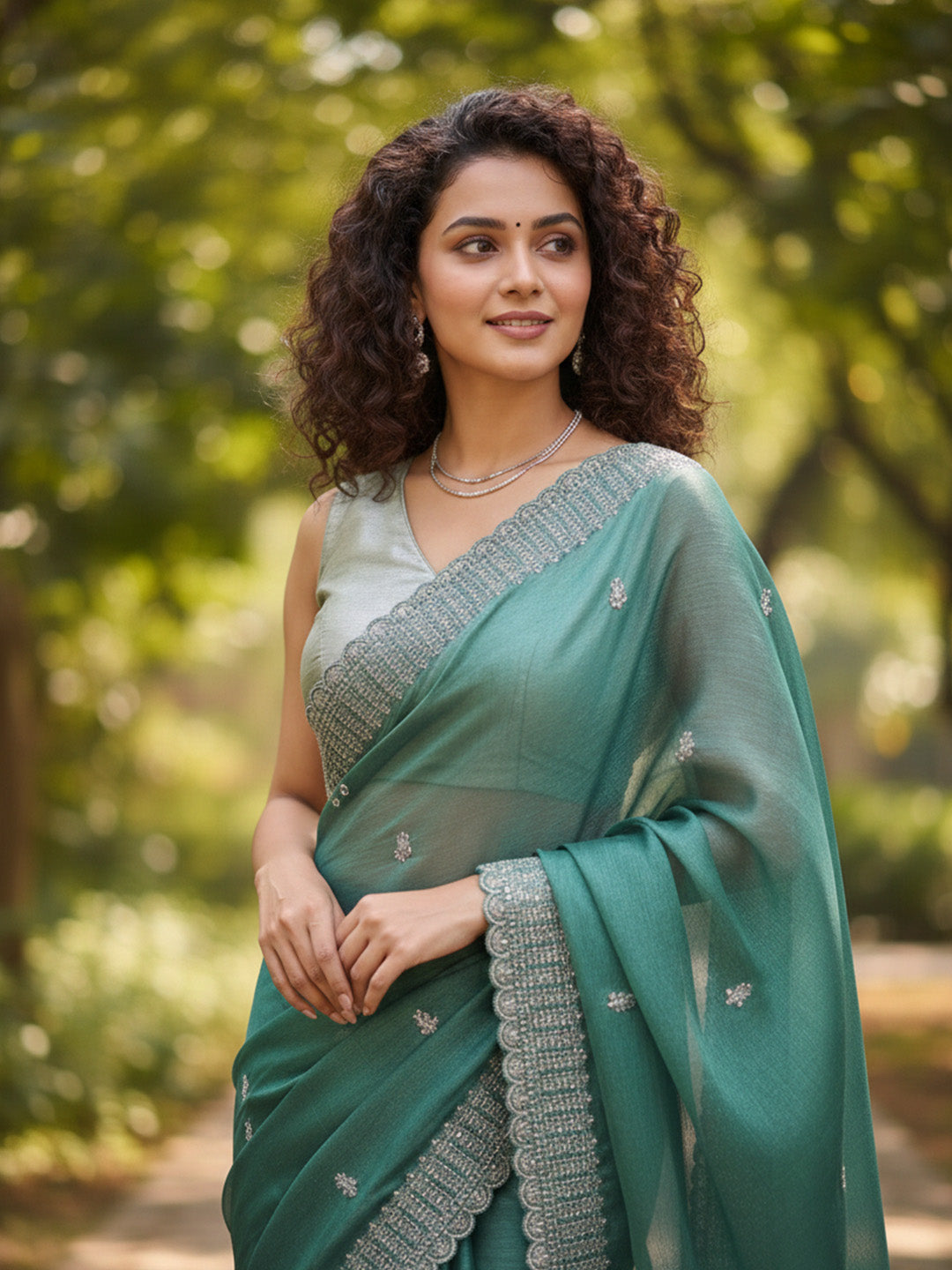 Urban Pallu Floral Sequinned Silk Blend Fusion Saree