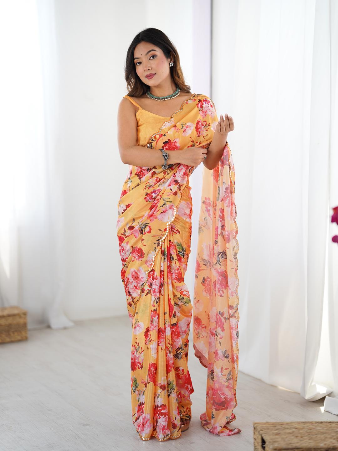 Urban Pallu Floral Sequinned Silk Blend Fusion Saree