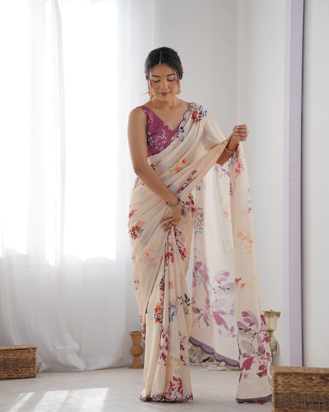 Urban Pallu Floral Mirror Work Silk Blend Saree