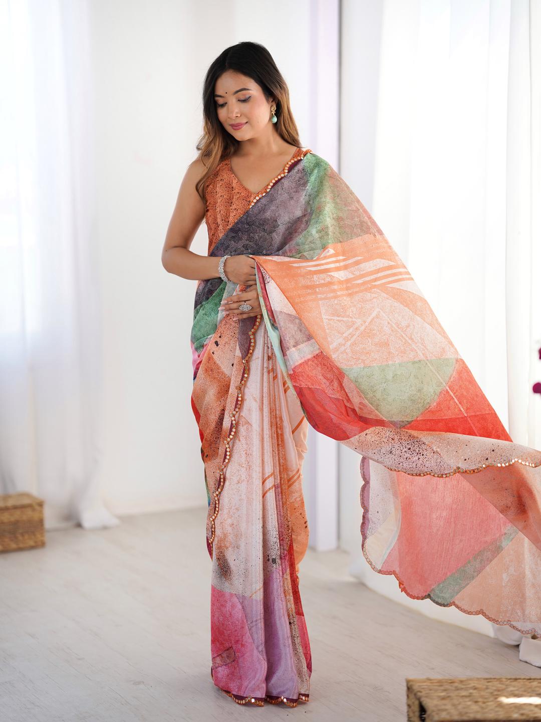 Urban Pallu Mirror Work Silk Blend Fusion Saree