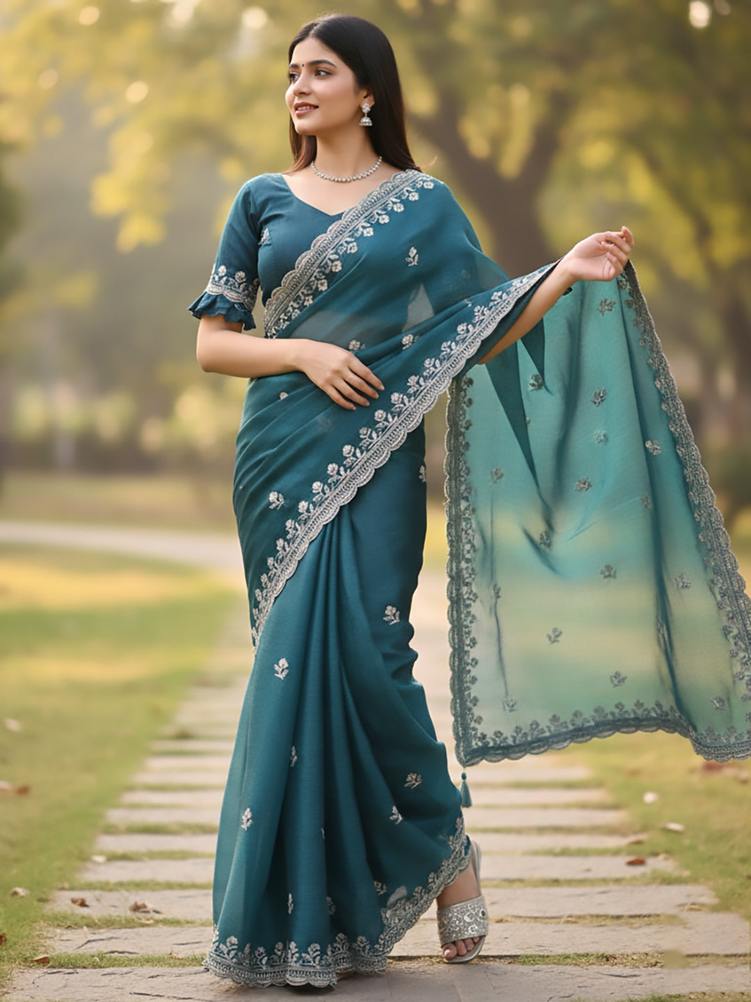 Urban Pallu Floral Sequinned Silk Blend Fusion Saree