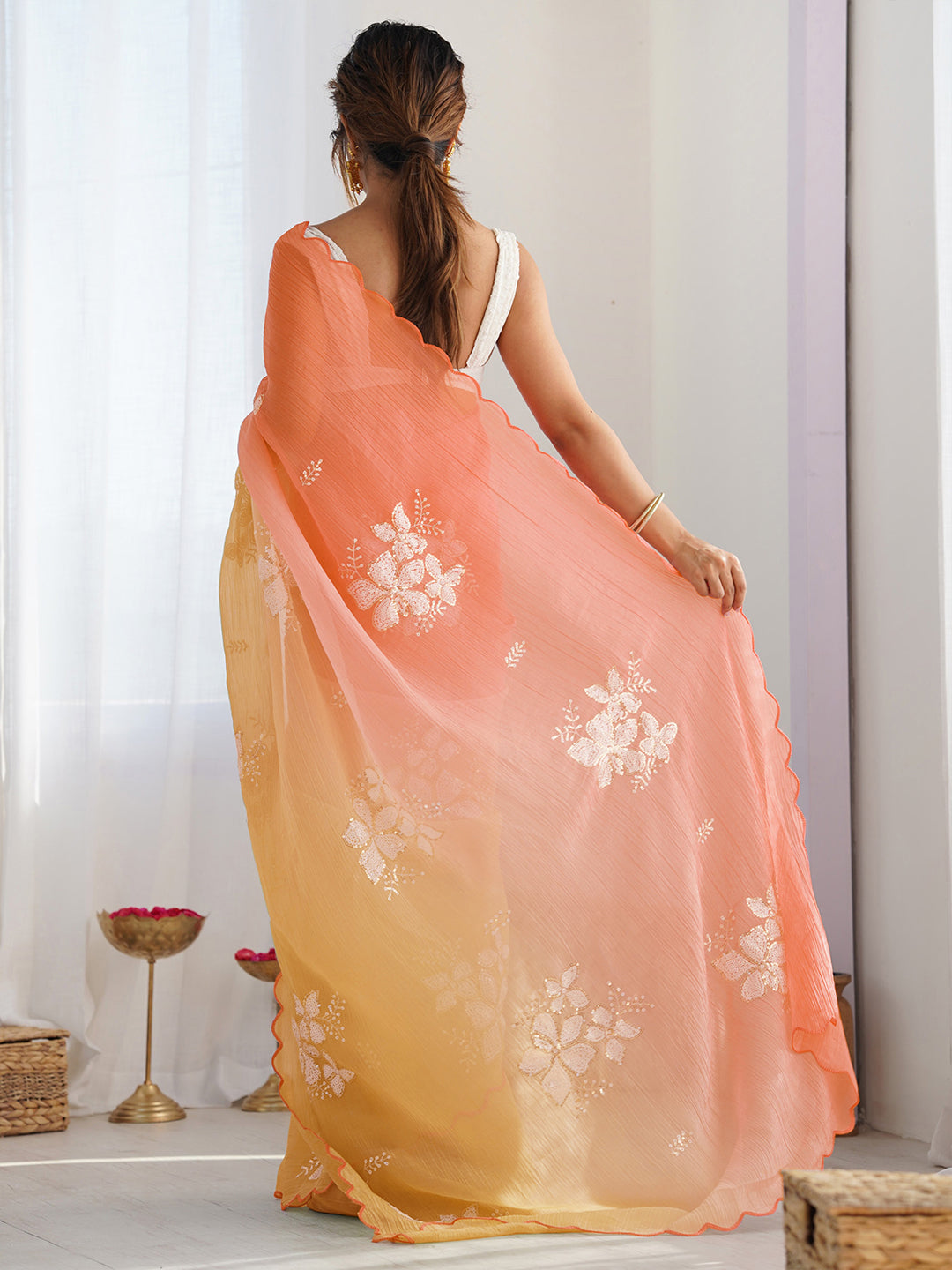 Urban Pallu Printed Poly Chiffon Fusion Saree