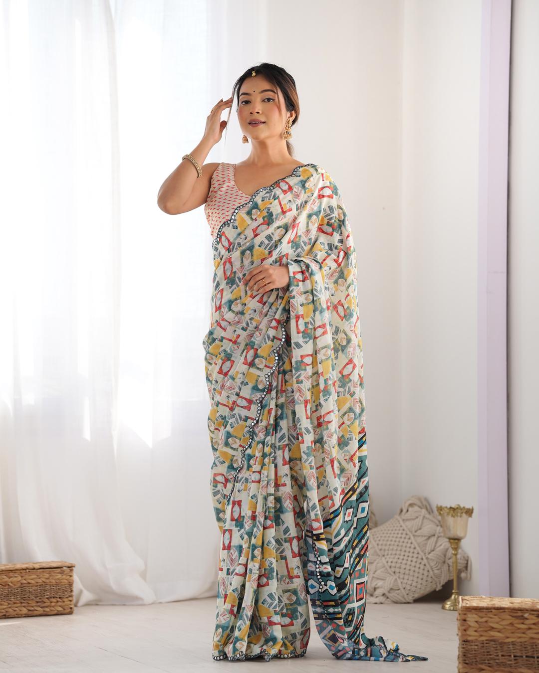 Urban Pallu Mirror Work Silk Blend Fusion Saree