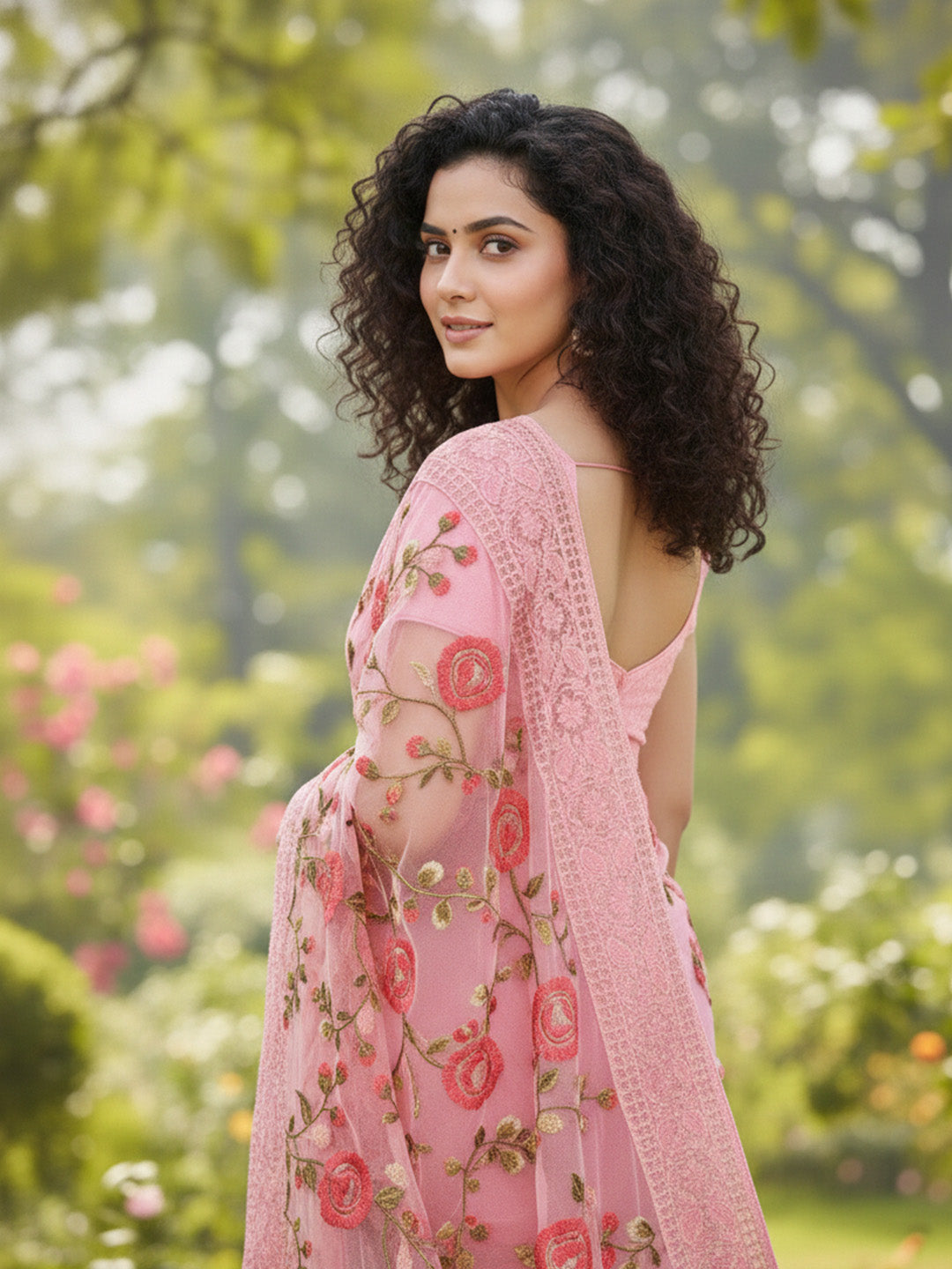 Urban Pallu Floral Sequinned Silk Blend Fusion Saree