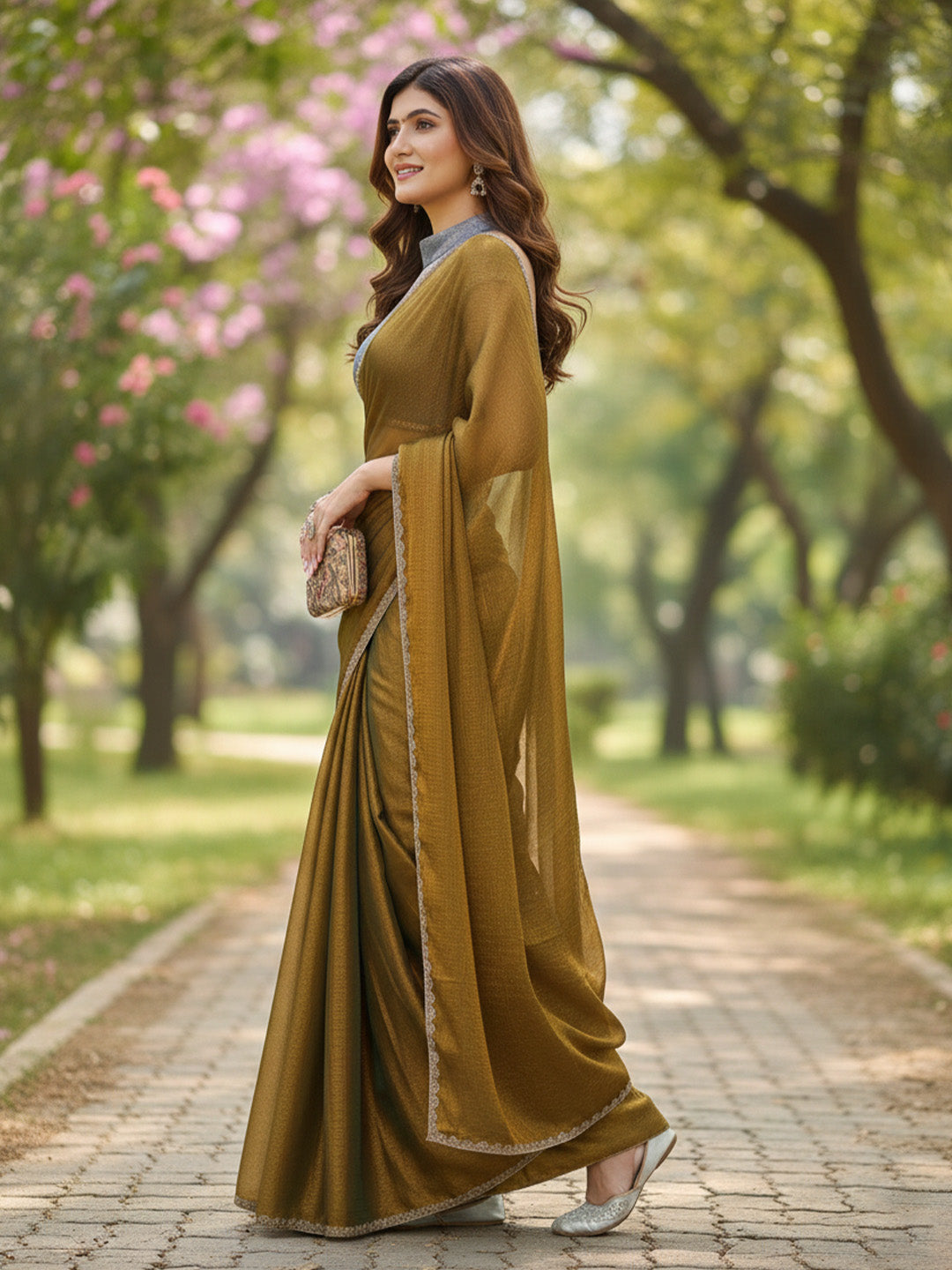 Urban Pallu Floral Sequinned Silk Blend Fusion Saree