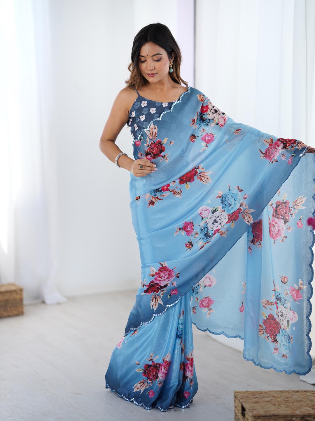 Urban Pallu Floral Sequinned Silk Blend Saree