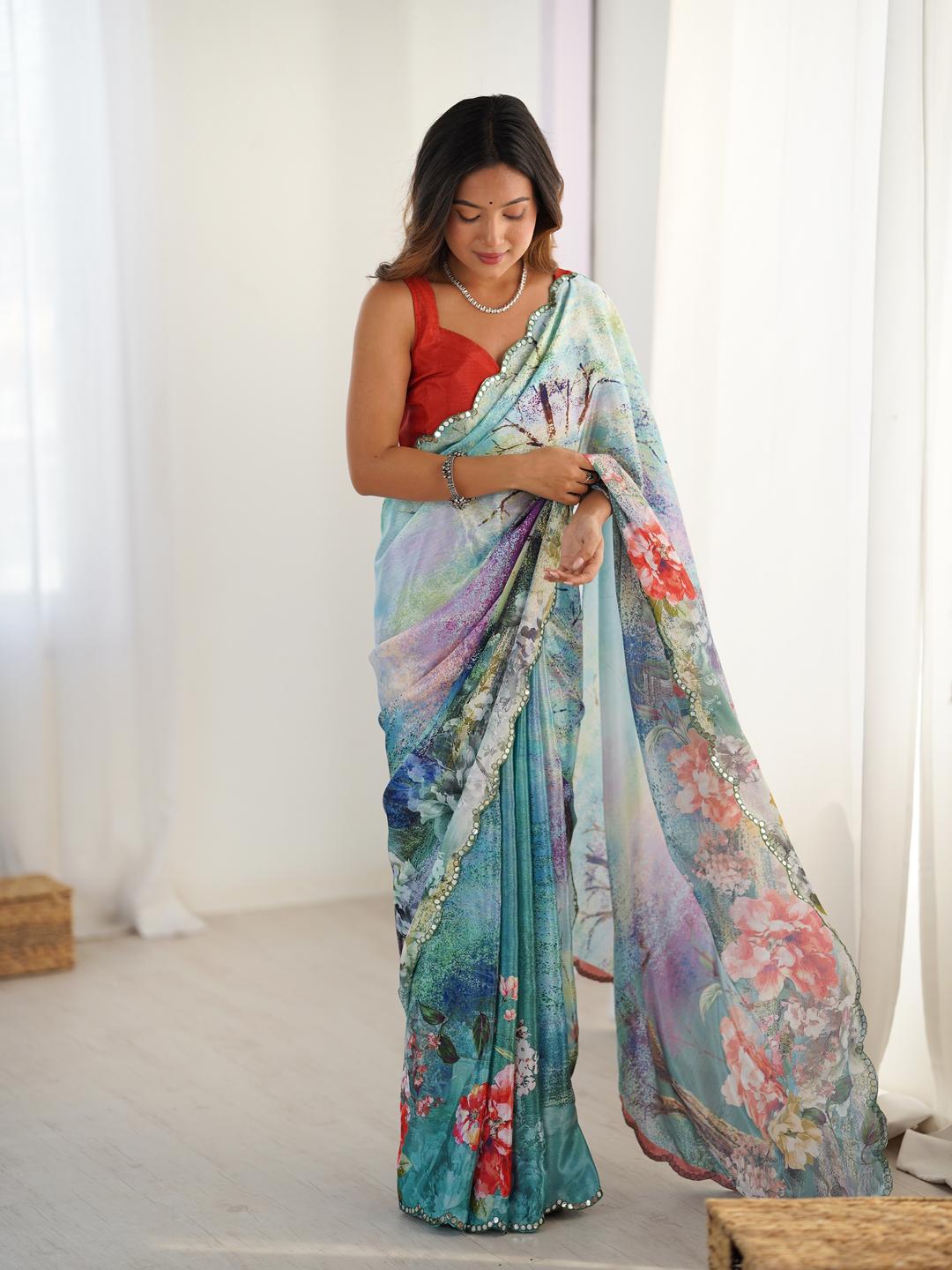 Urban Pallu Floral Sequinned Silk Blend Saree