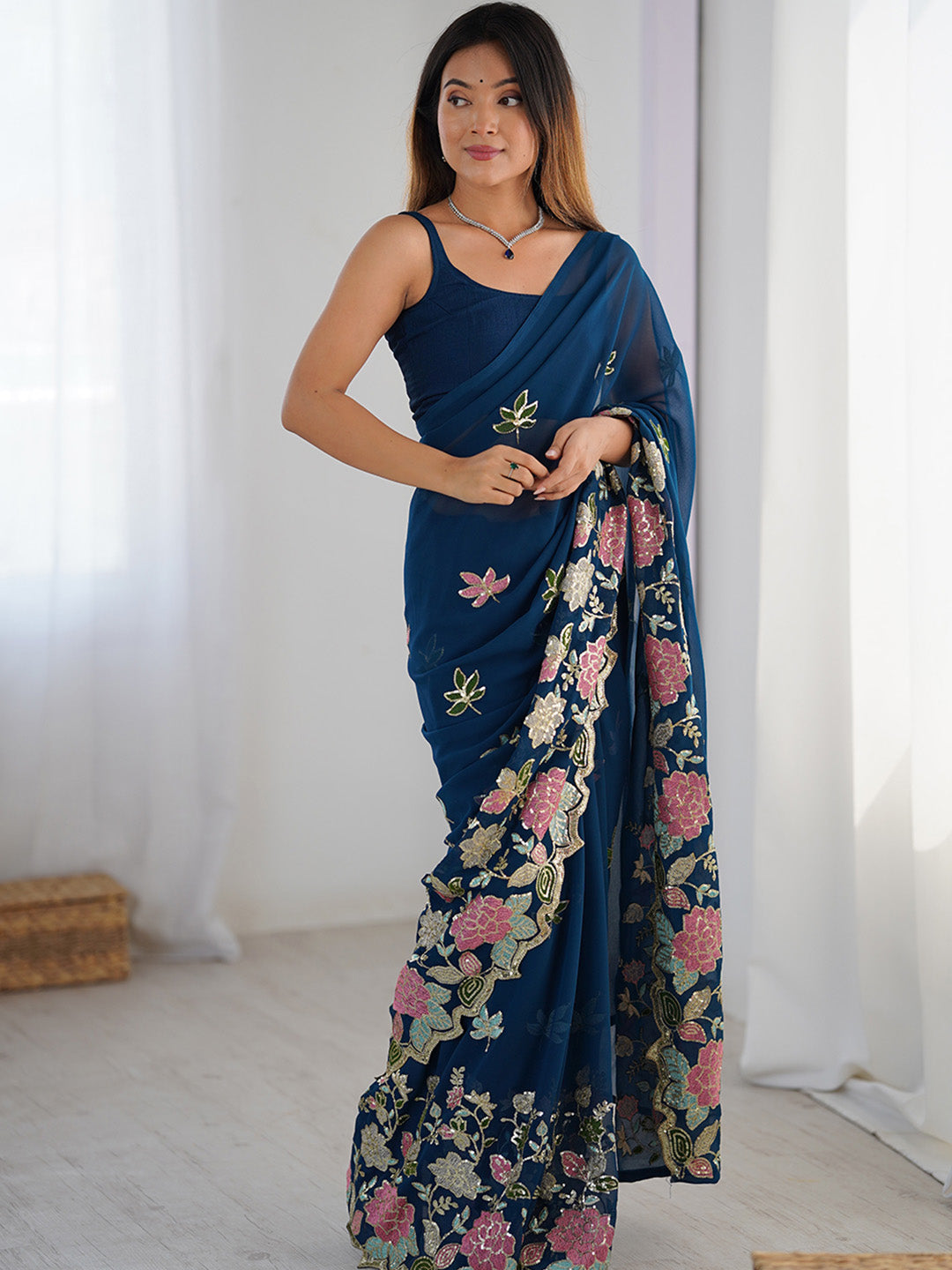 Urban Pallu Floral Sequinned Poly Georgette Heavy Work Saree