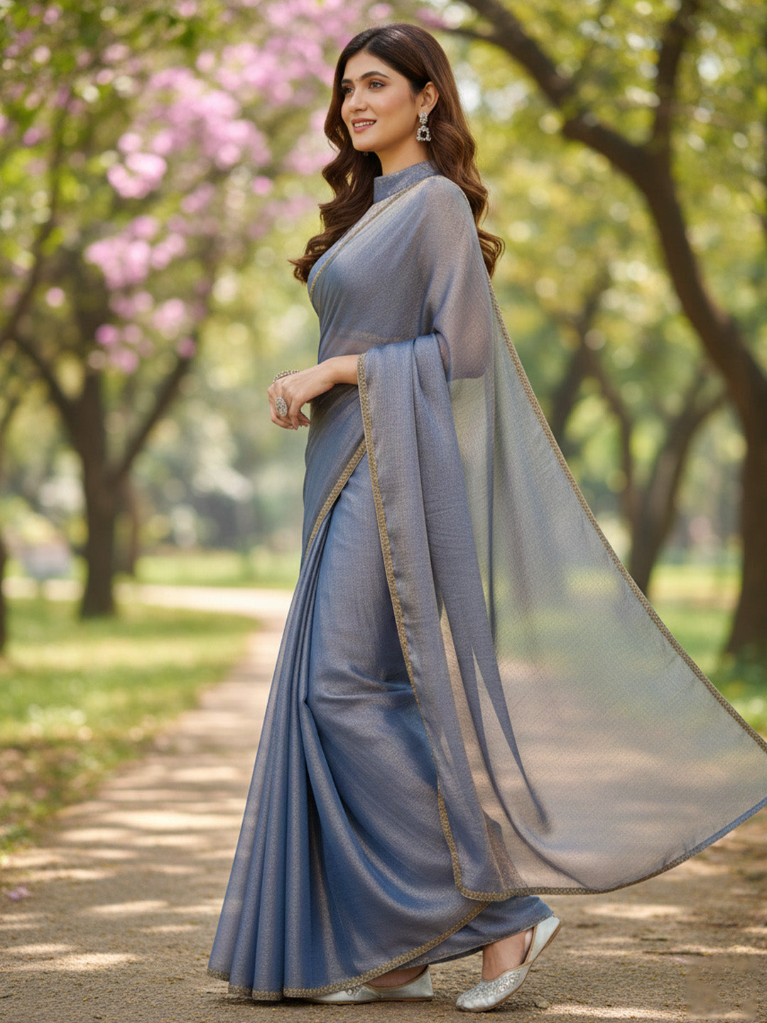 Urban Pallu Floral Sequinned Silk Blend Fusion Saree