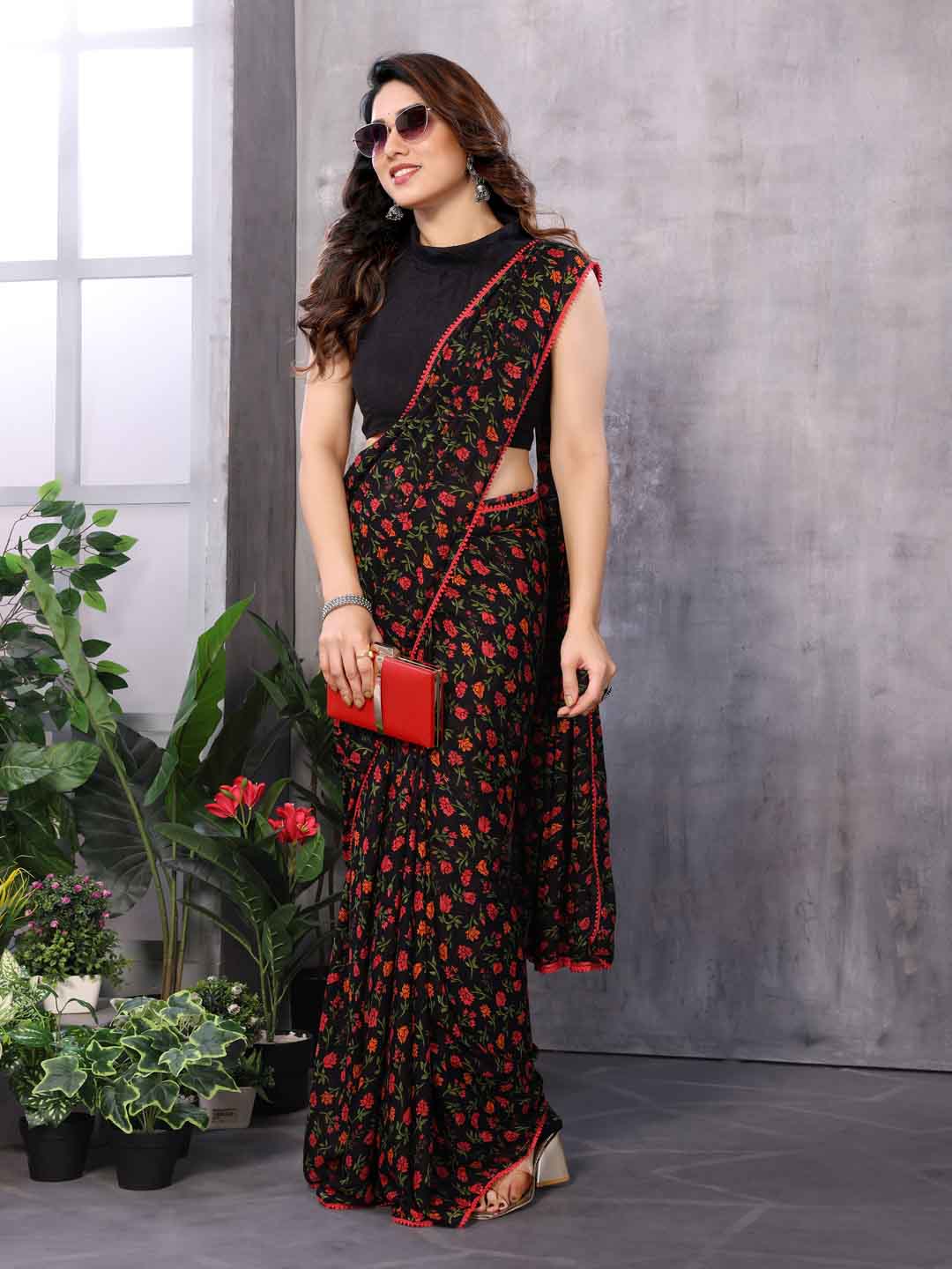 Urban Pallu Solid Pure Chiffon Festive Saree