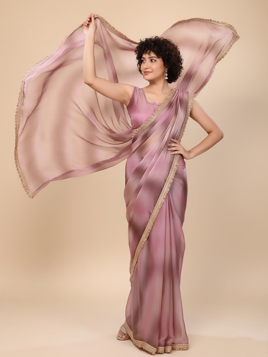 Urban Pallu Floral Sequinned Silk Blend Fusion Saree