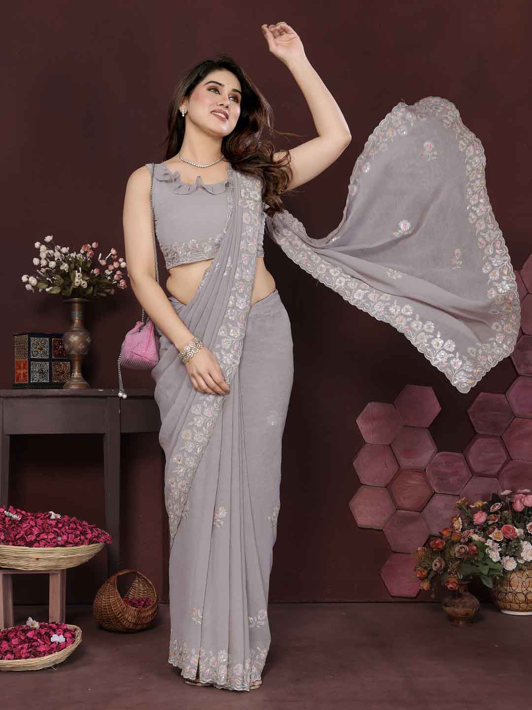 Urban Pallu Floral Embroidered Poly Georgette Saree