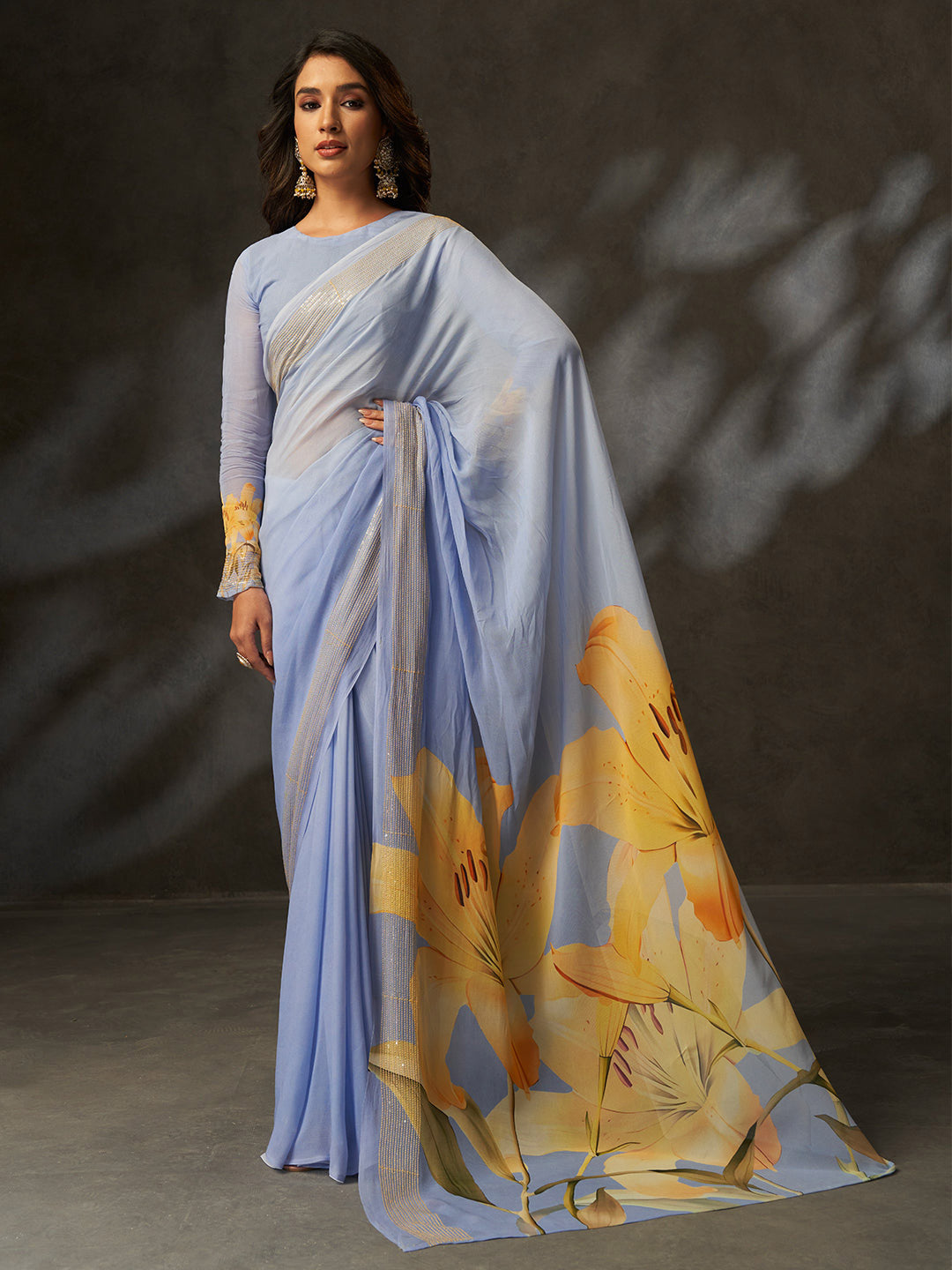 Urban Pallu Floral Sequinned Poly Georgette Designer Saree