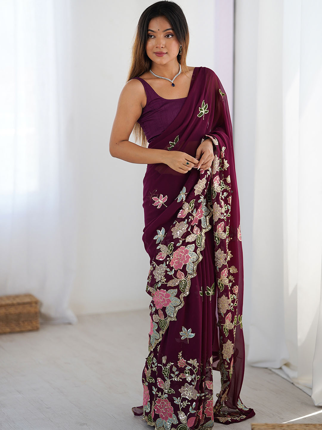 Urban Pallu Floral Sequinned Poly Georgette Heavy Work Saree