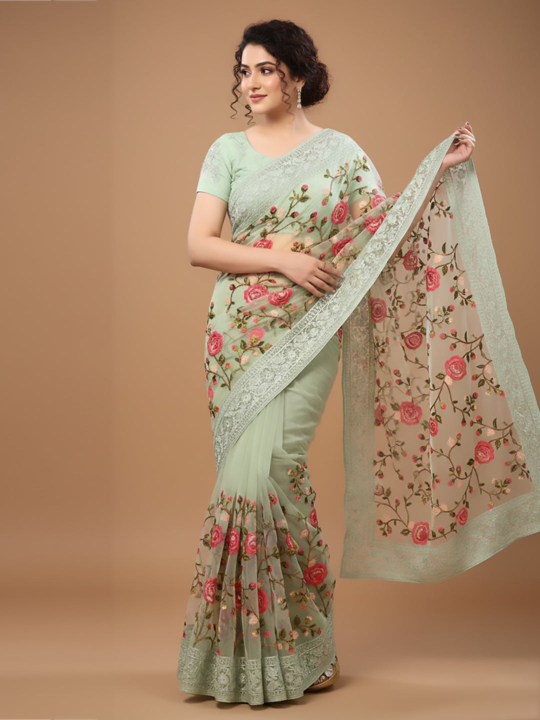 Urban Pallu Floral Sequinned Silk Blend Fusion Saree