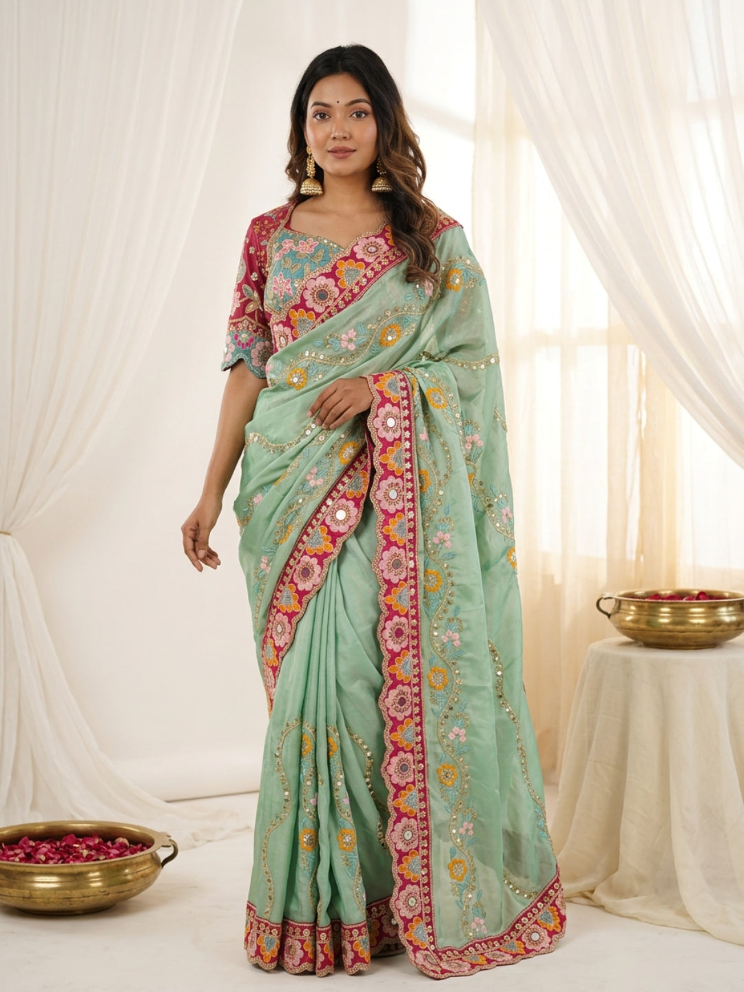 Urban Pallu Embroidered Silk Blend Festive Saree