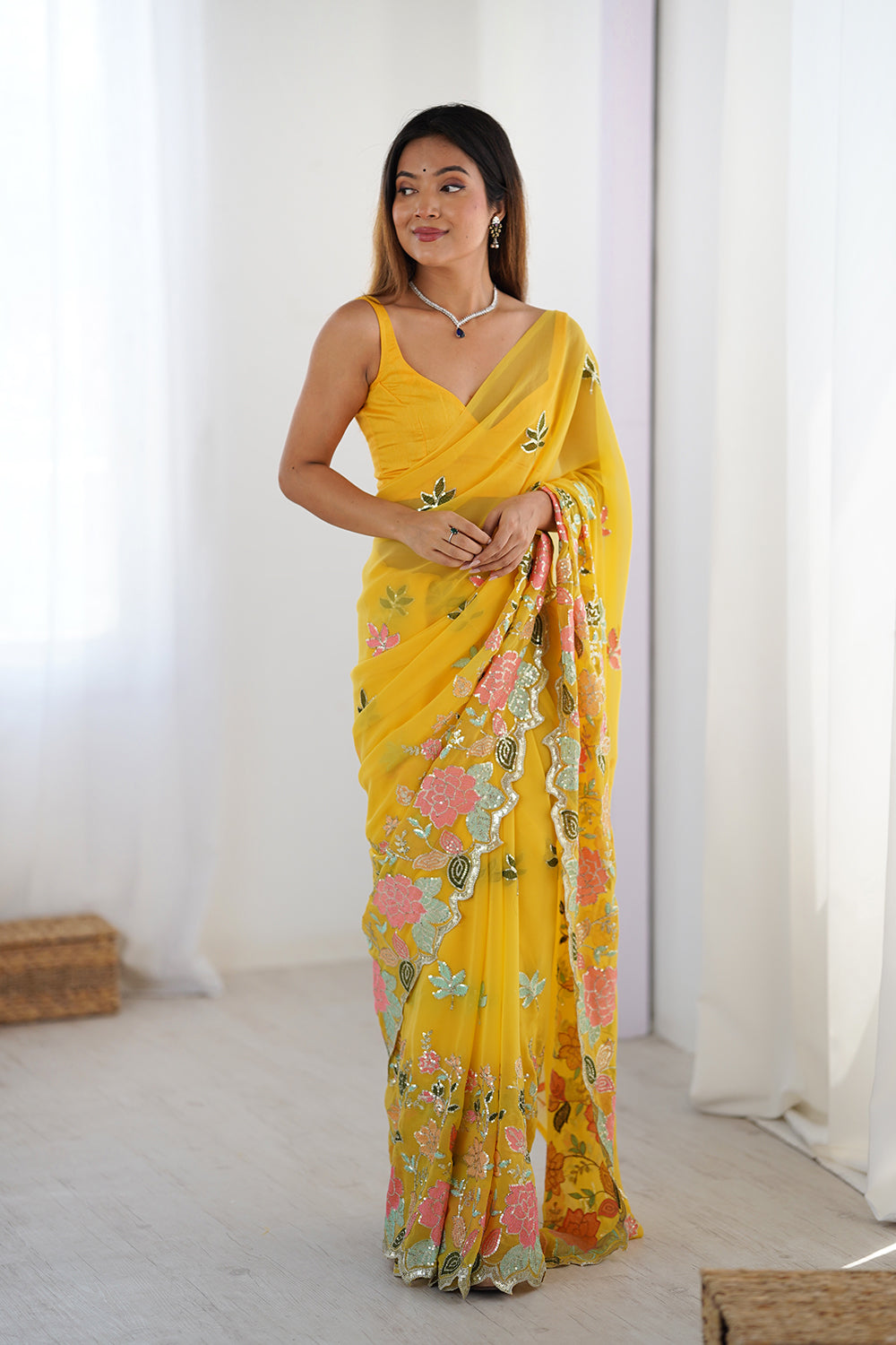 Urban Pallu Solid Poly Georgette Festive Saree