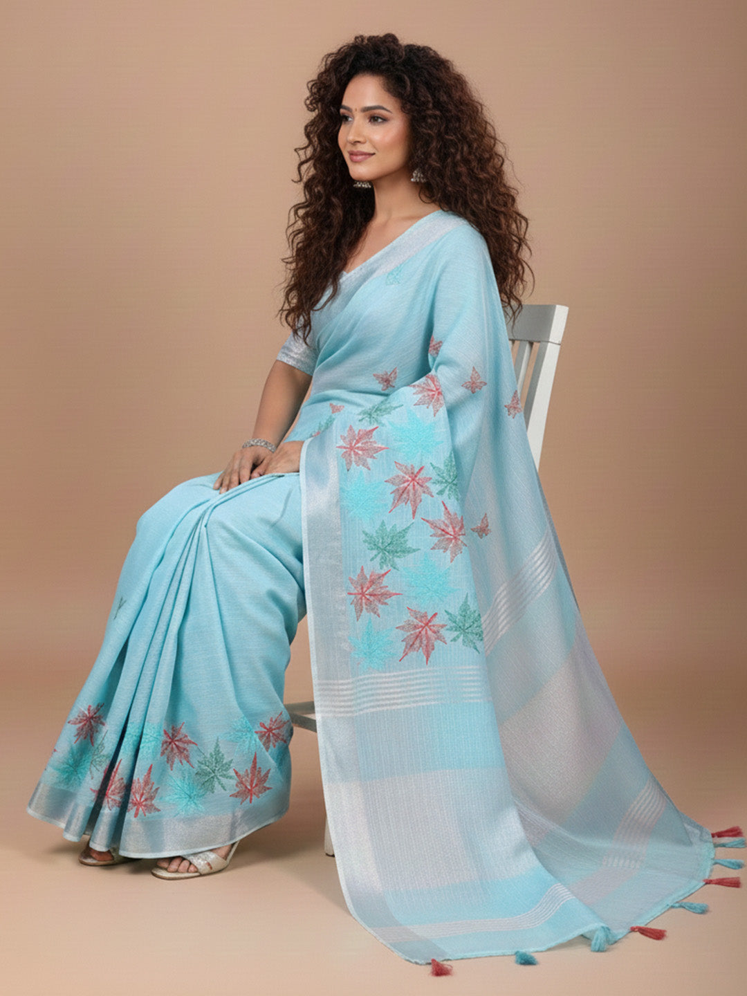 Urban Pallu Floral Sequinned Silk Blend Fusion Saree