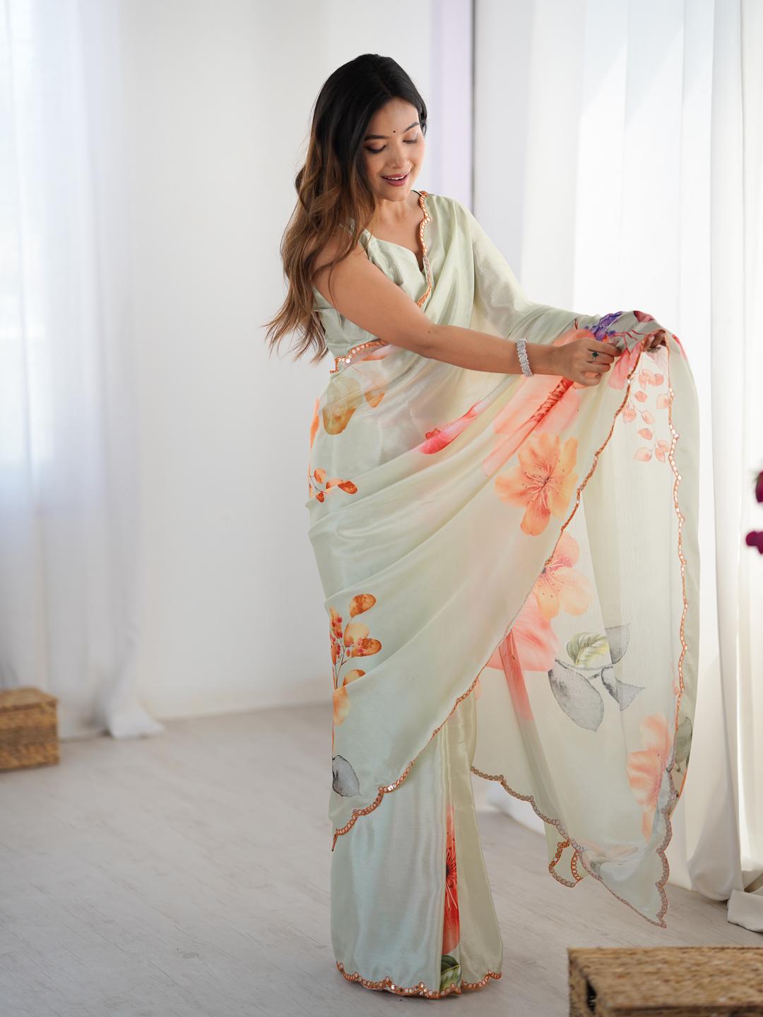 Urban Pallu Floral Sequinned Silk Blend Saree