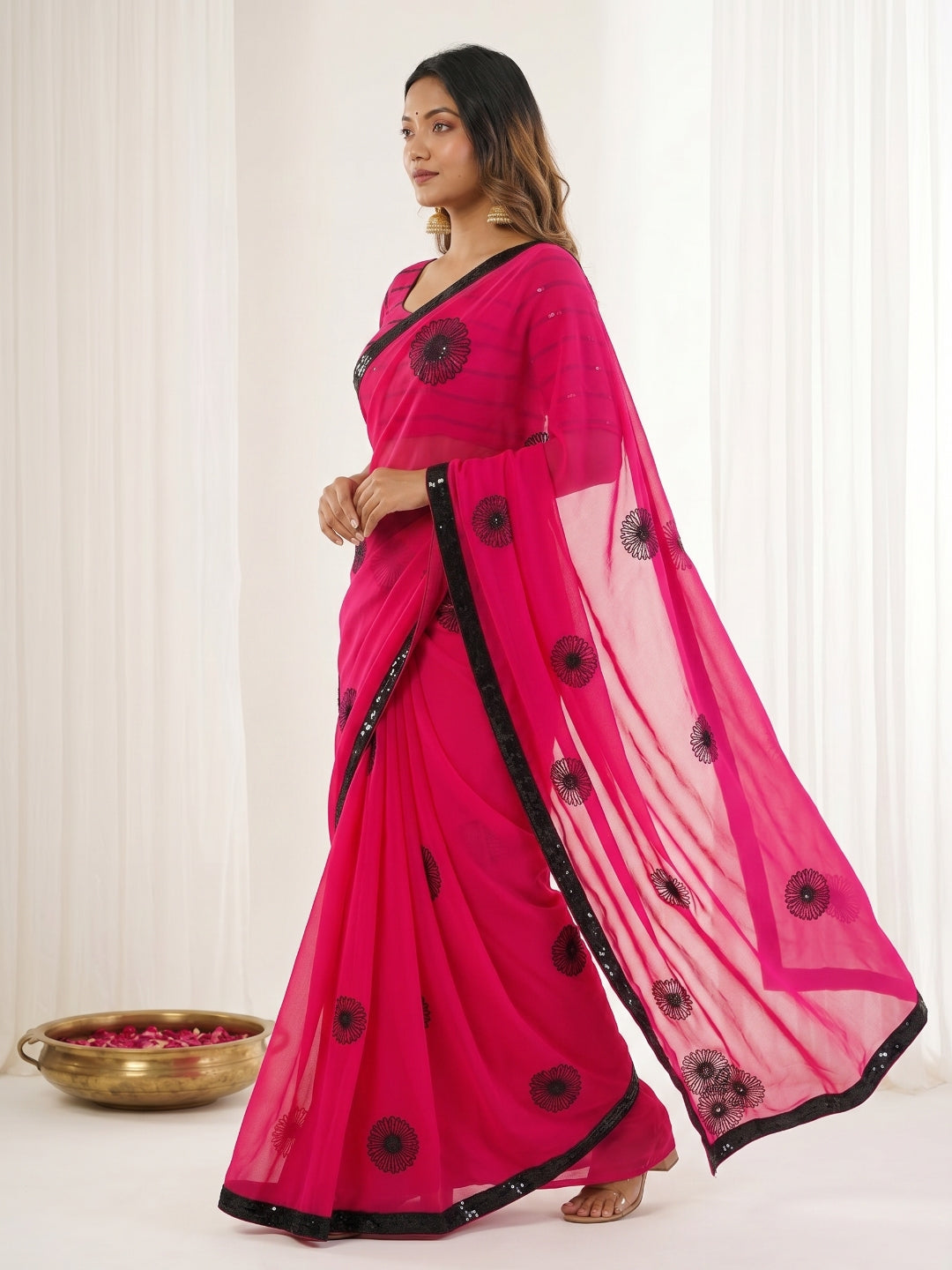 Urban Pallu Embroidered Poly Georgette Festive Saree
