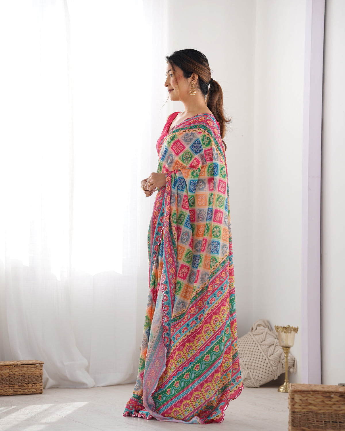 Urban Pallu Ethnic Motifs Mirror Work Silk Blend Saree
