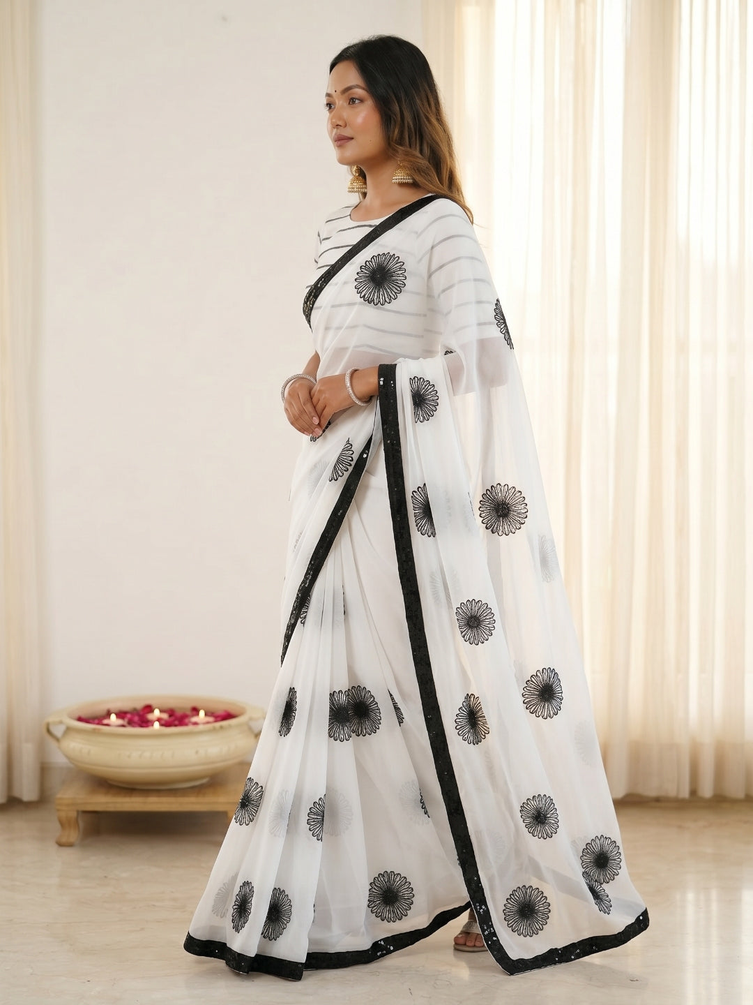 Urban Pallu Embroidered Poly Georgette Festive Saree
