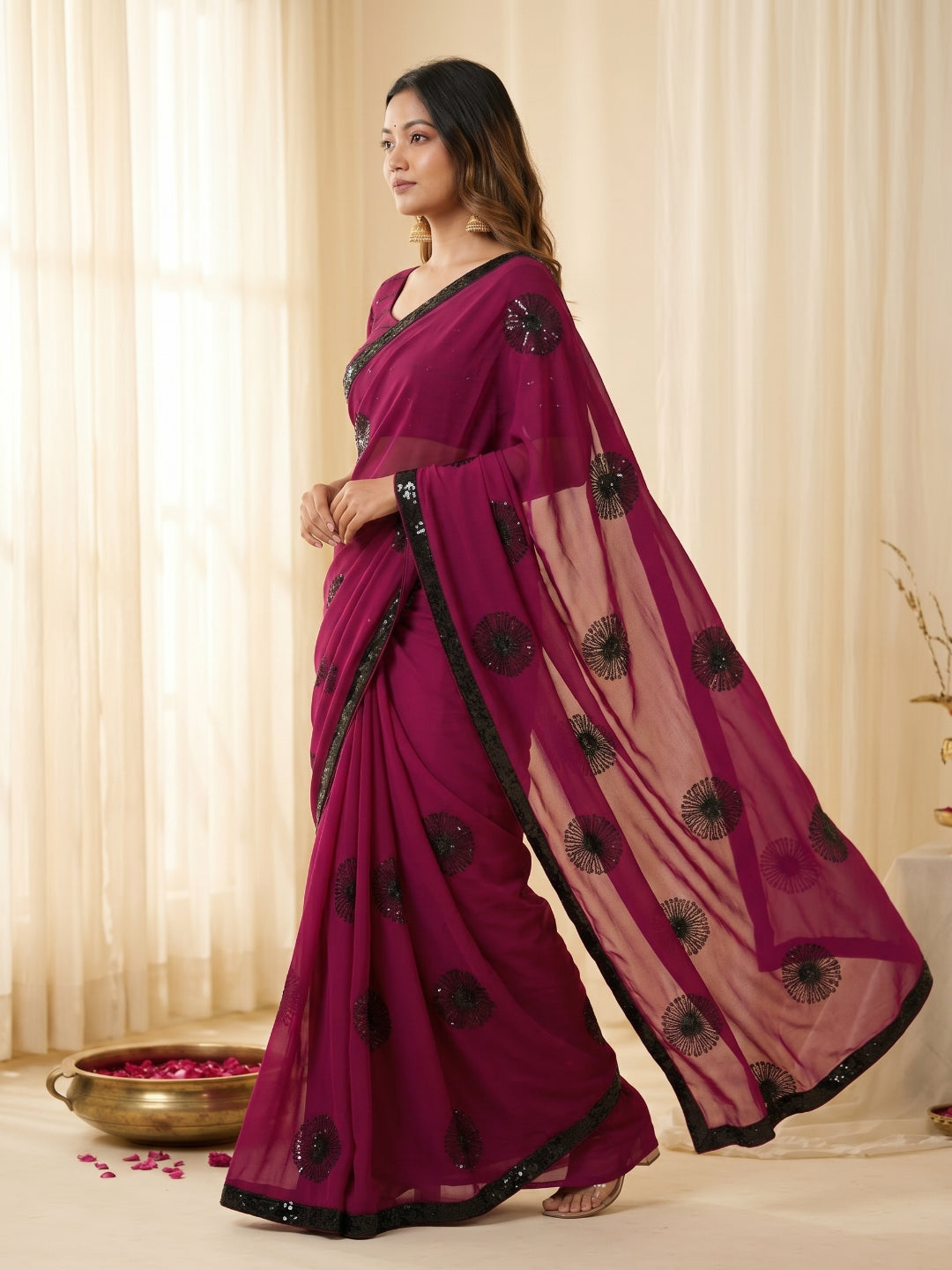 Urban Pallu Embroidered Poly Georgette Festive Saree