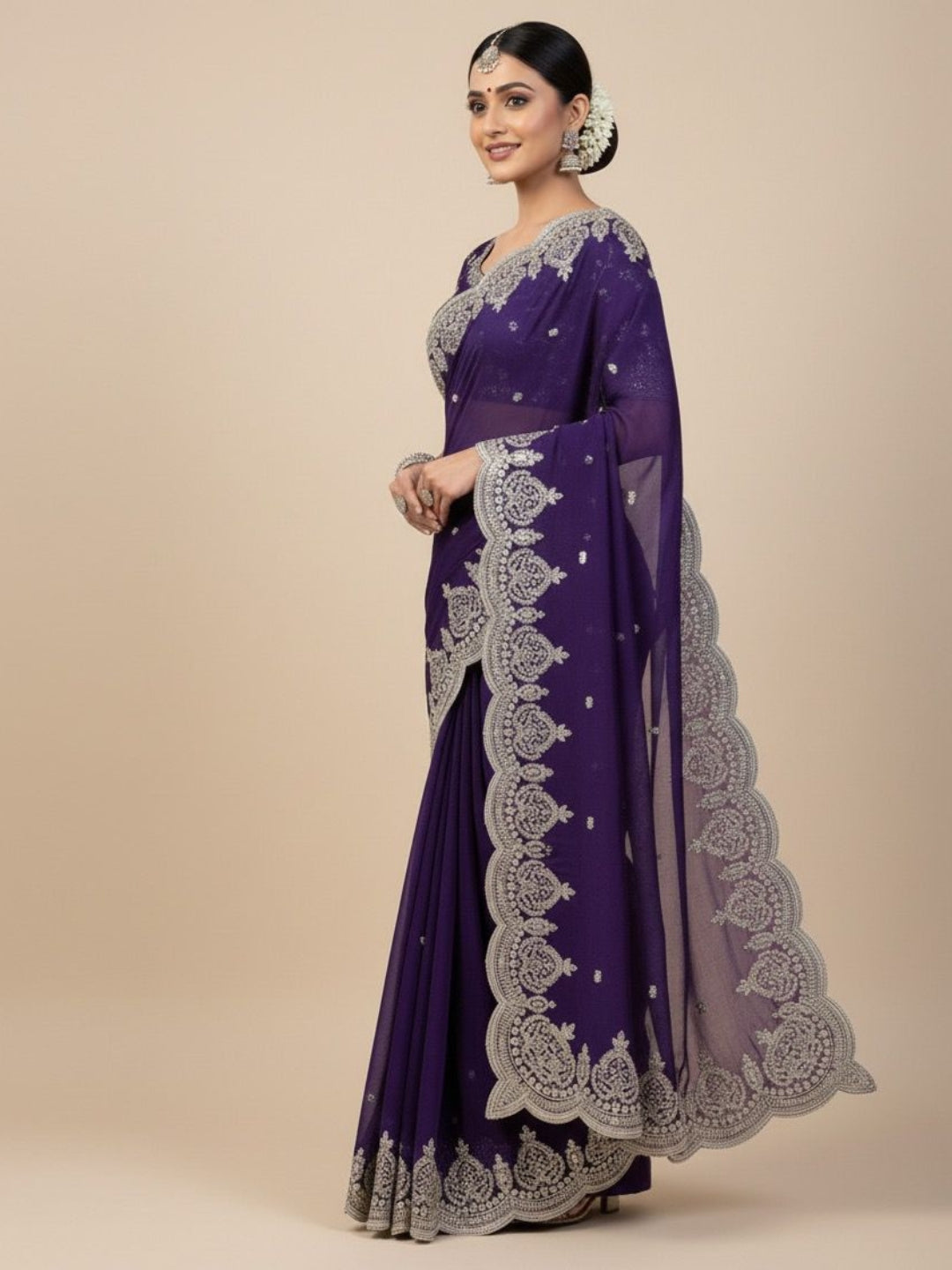 Urban Pallu Embroidered Poly Georgette Festive Saree