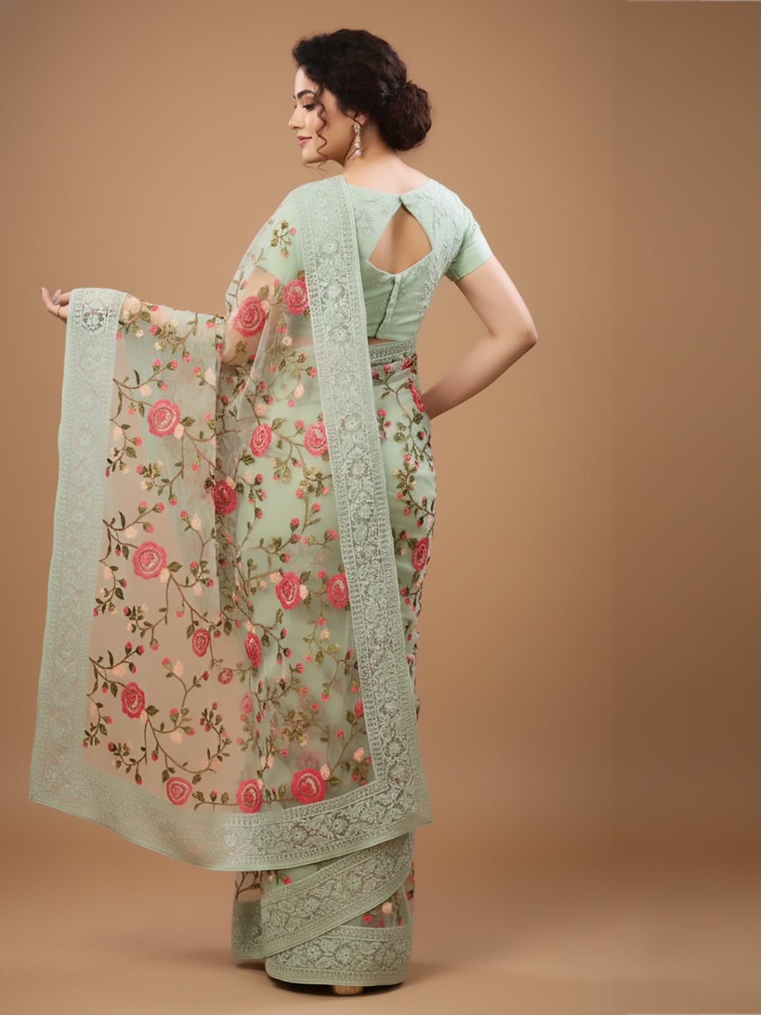 Urban Pallu Floral Sequinned Silk Blend Fusion Saree