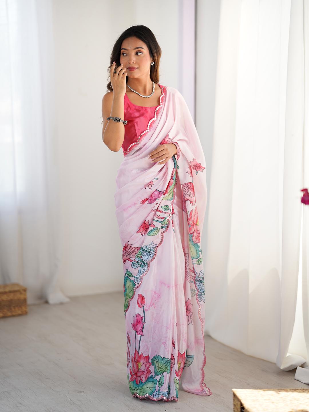 Urban Pallu Floral Sequinned Silk Blend Fusion Saree