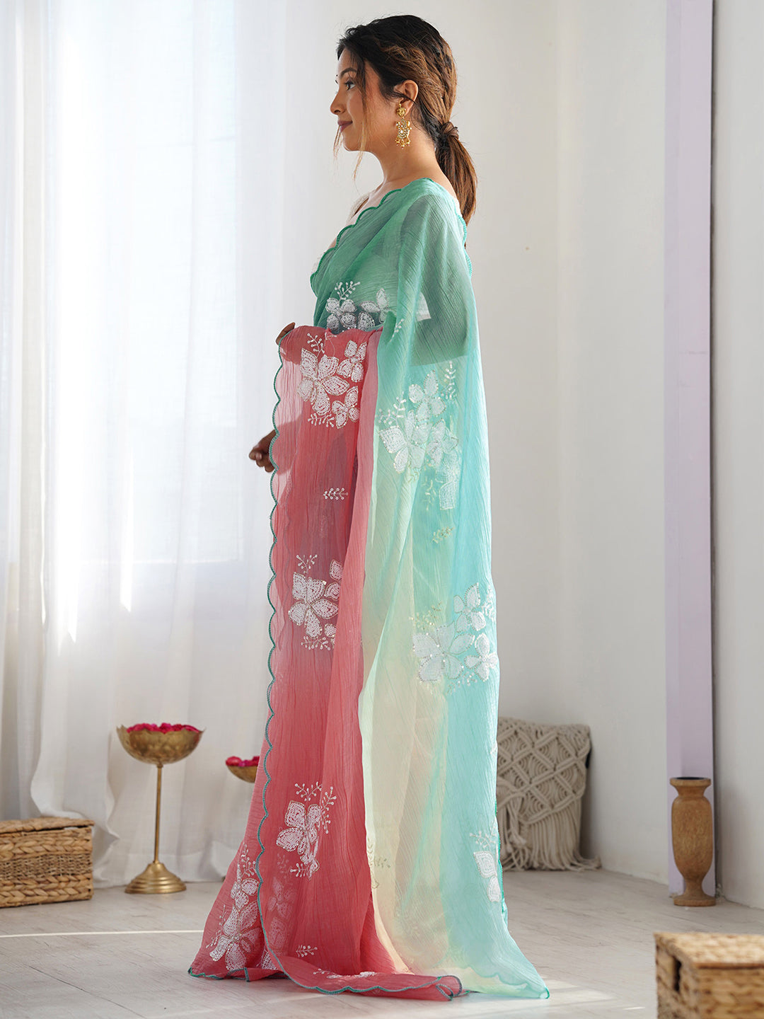 Urban Pallu Floral Embroidered Poly Chiffon Designer Saree