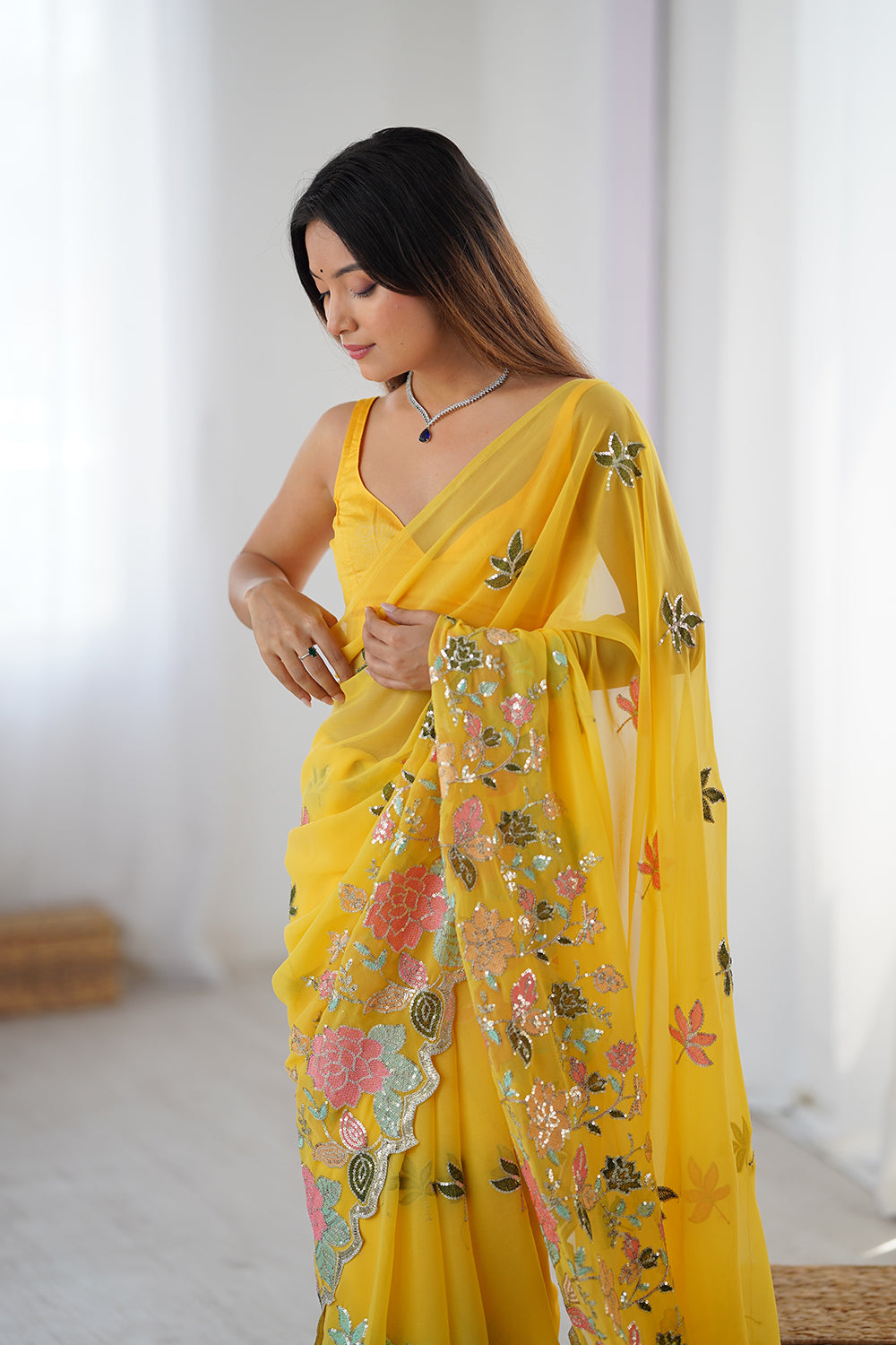 Urban Pallu Solid Poly Georgette Festive Saree
