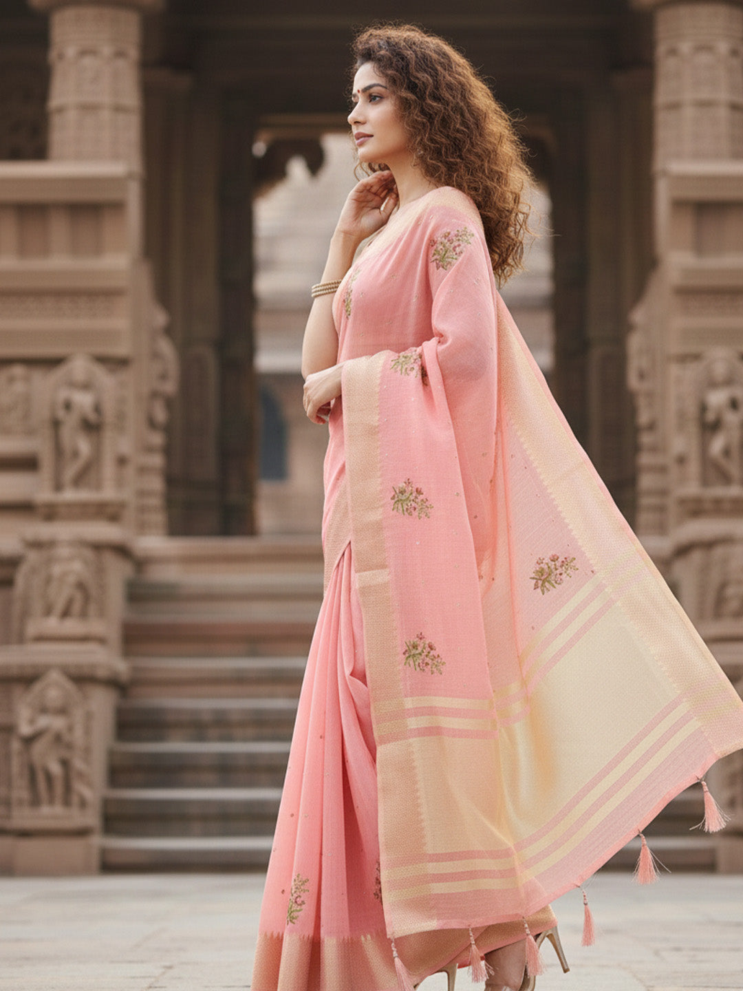 Urban Pallu Floral Sequinned Silk Blend Fusion Saree