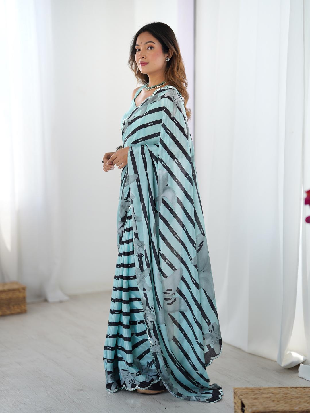 Urban Pallu Striped Mirror Work Silk Blend Fusion Saree