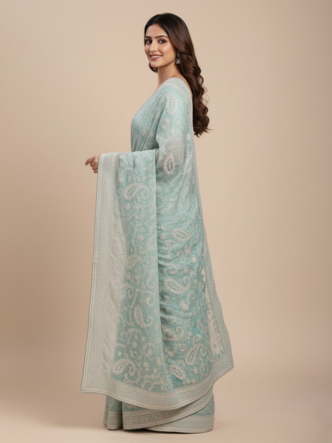 Urban Pallu Embroidered Silk Blend Festive Saree