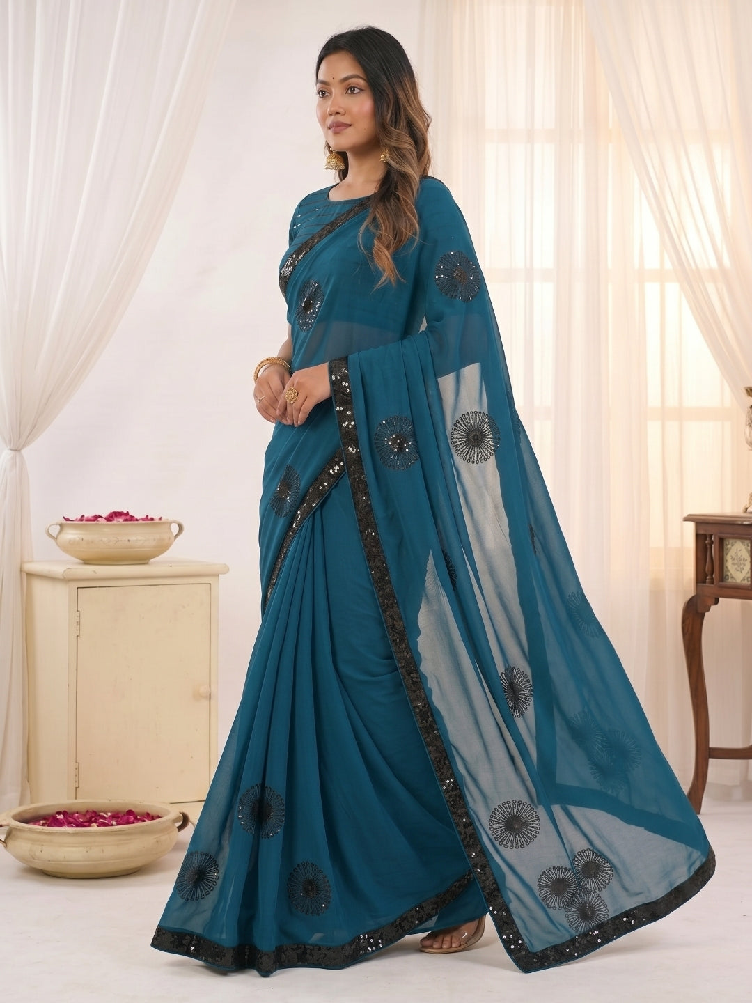 Urban Pallu Embroidered Poly Georgette Festive Saree