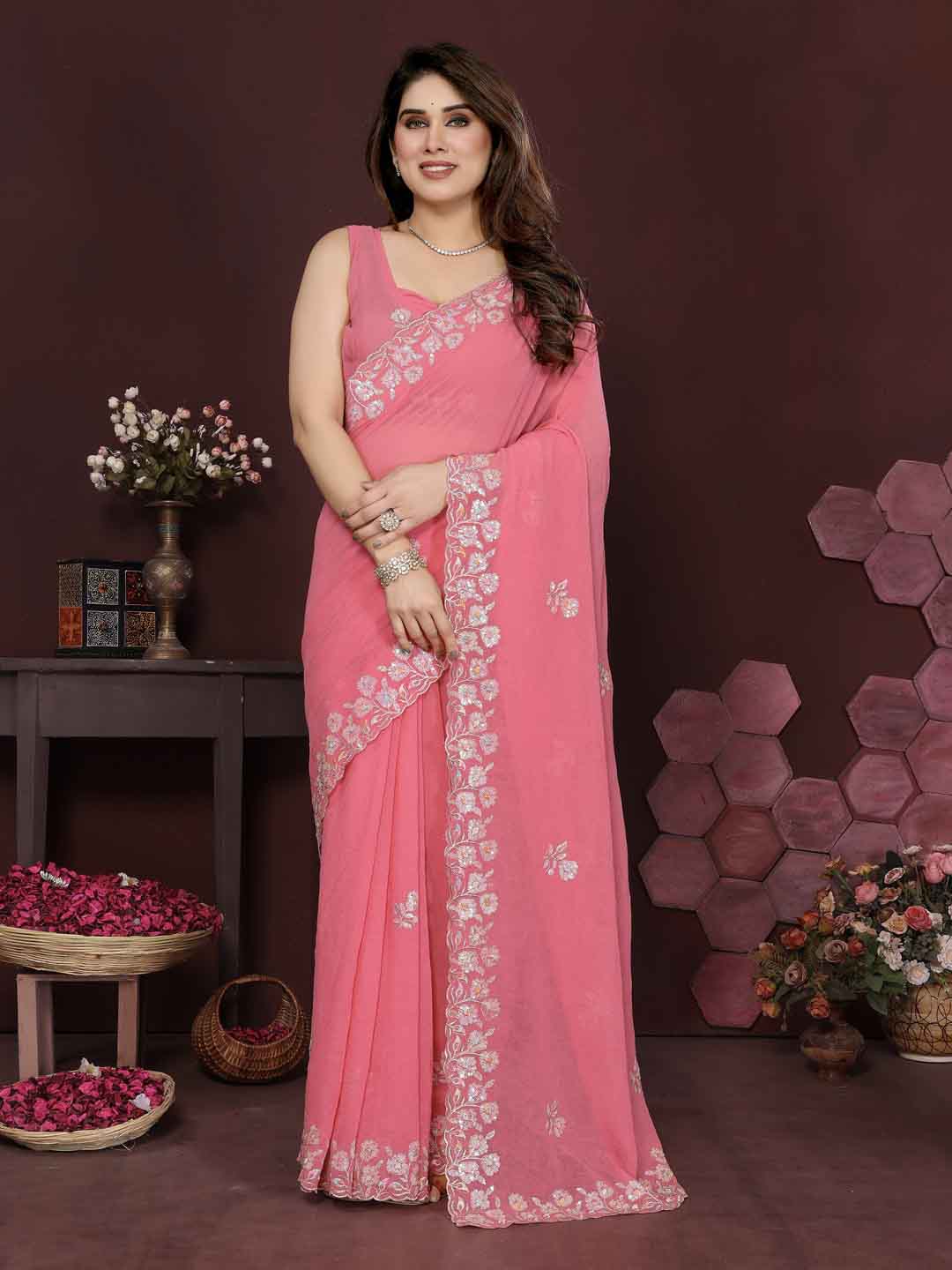 Urban Pallu Embroidered Poly Georgette Daily Saree