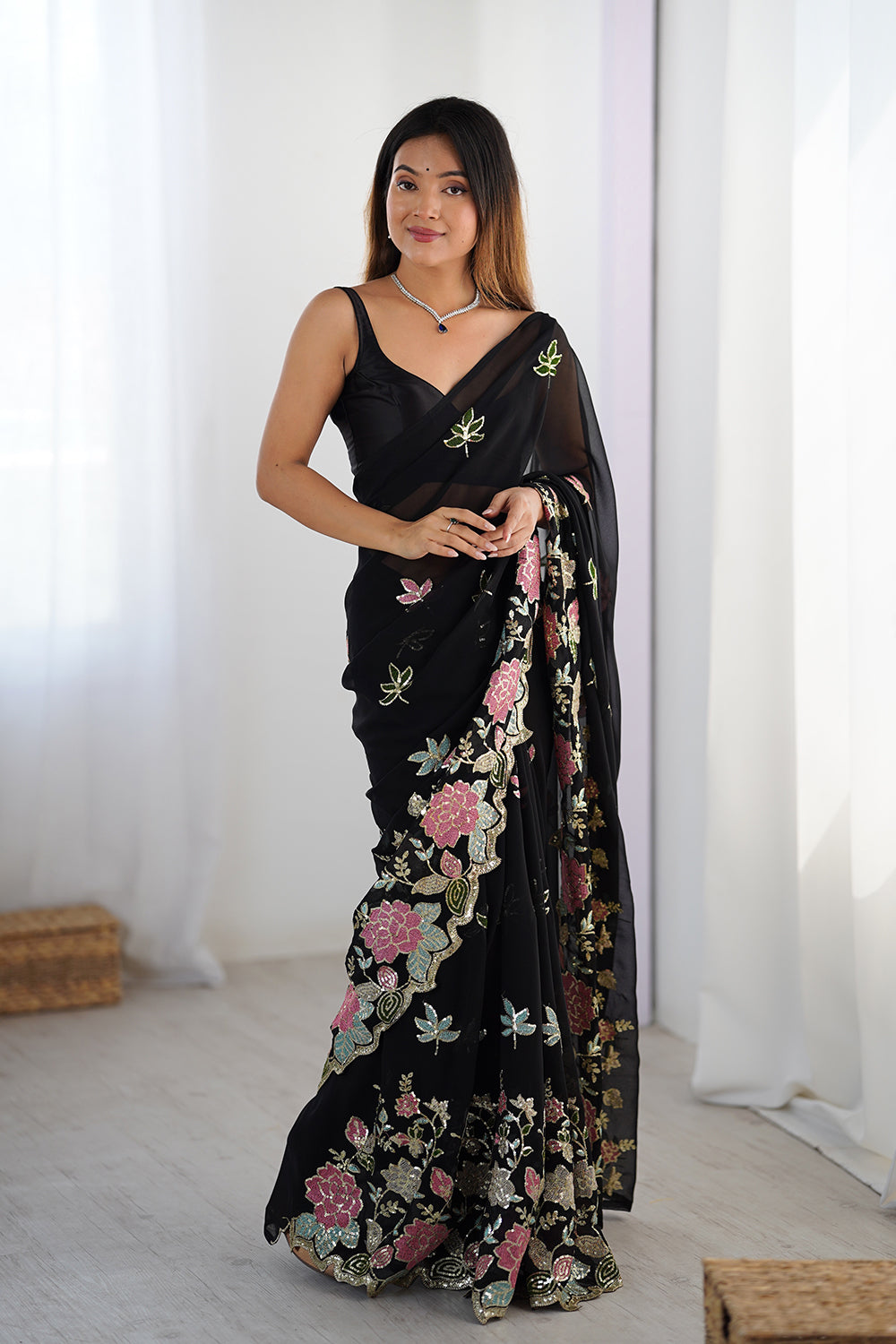 Urban Pallu Solid Poly Georgette Festive Saree