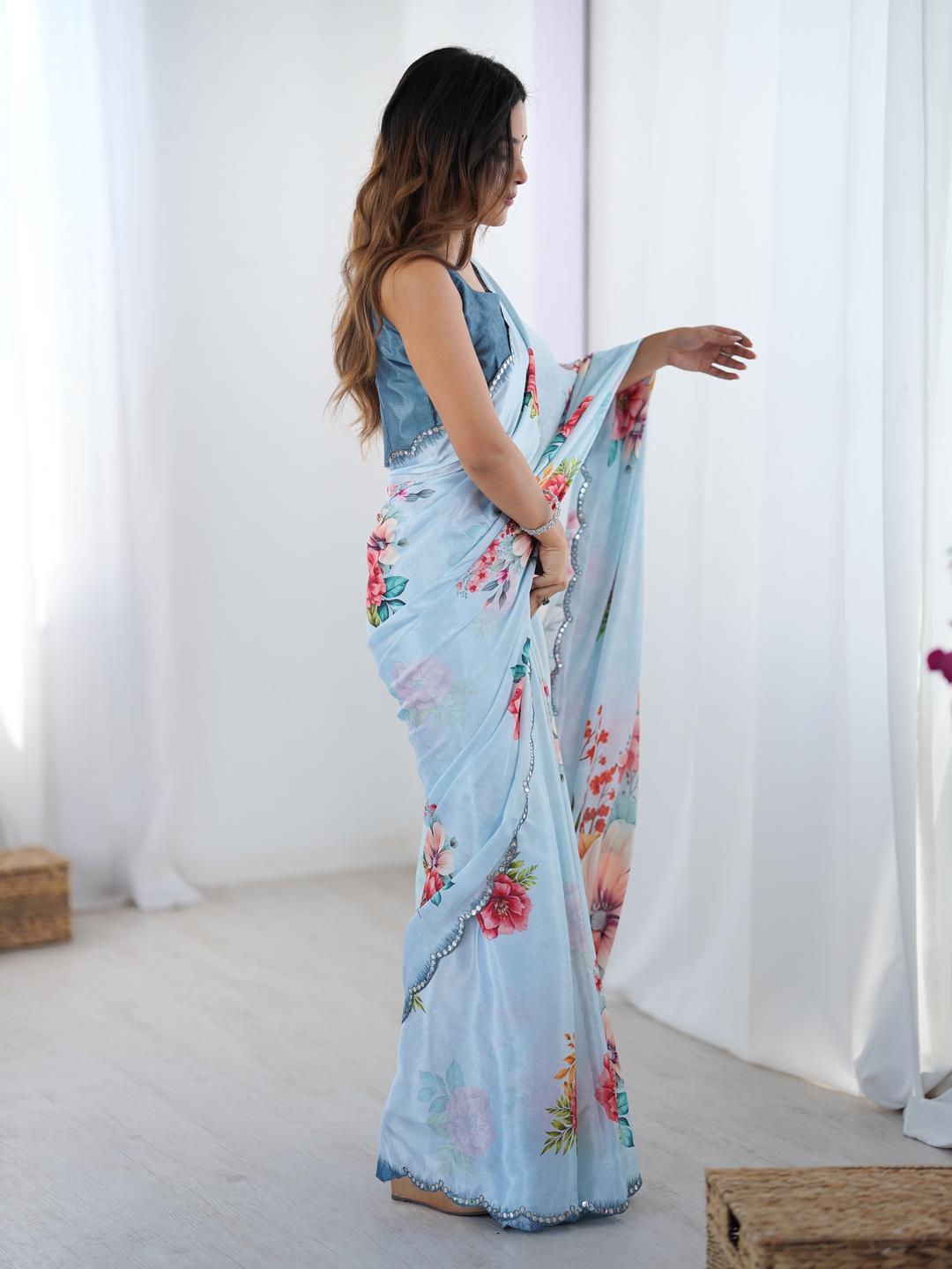 Urban Pallu Floral Sequinned Silk Blend Saree