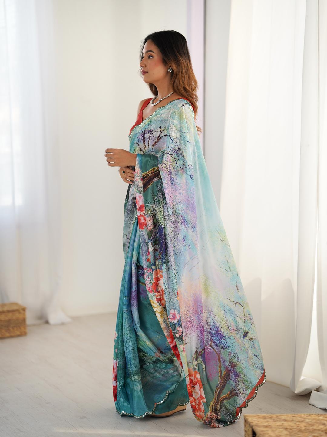 Urban Pallu Floral Sequinned Silk Blend Saree