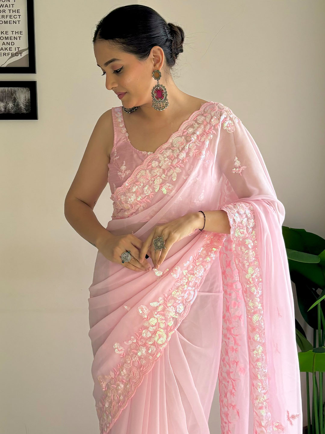 Urban Pallu Solid Poly Georgette Festive Saree