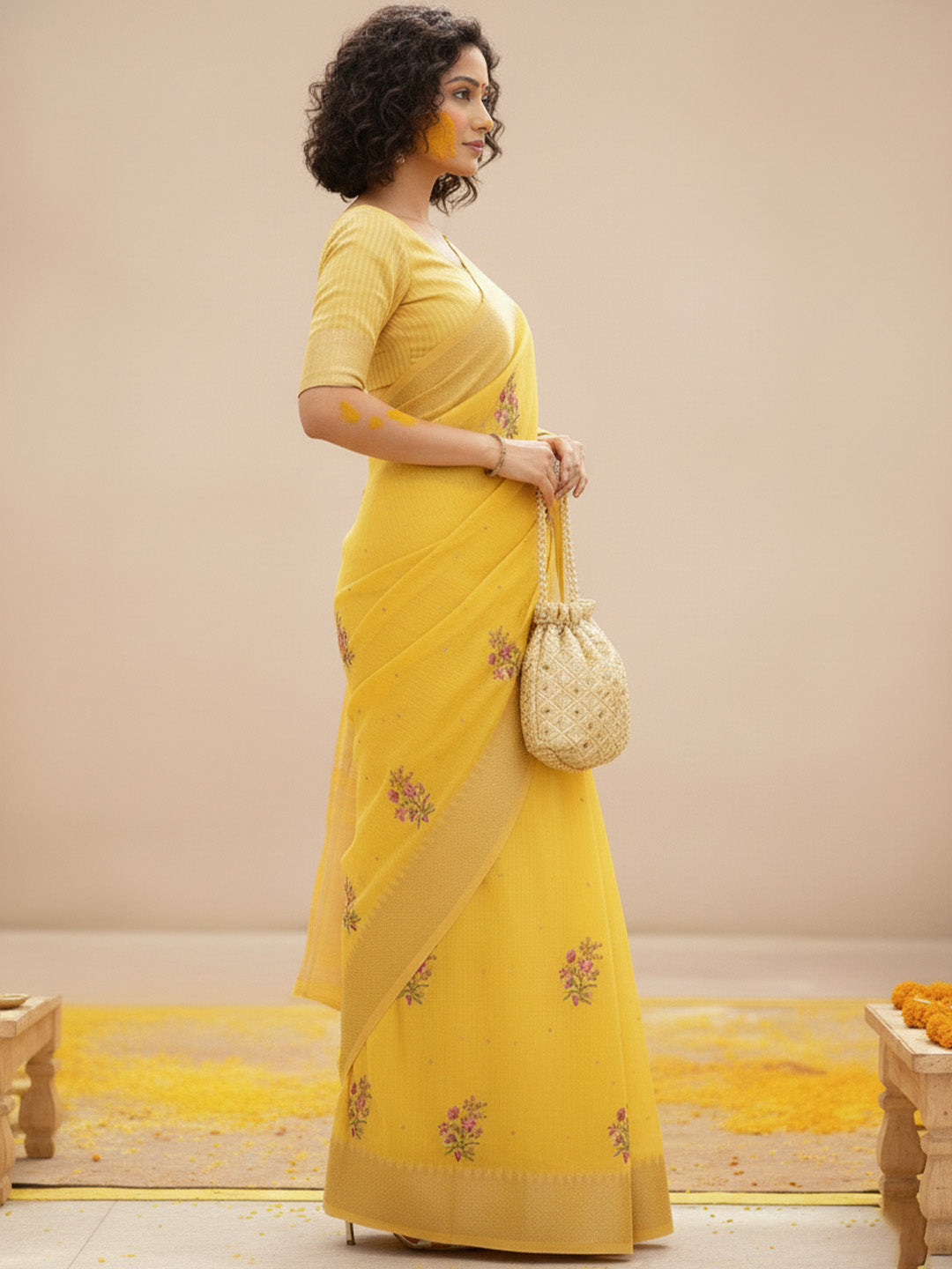 Urban Pallu Floral Sequinned Silk Blend Fusion Saree