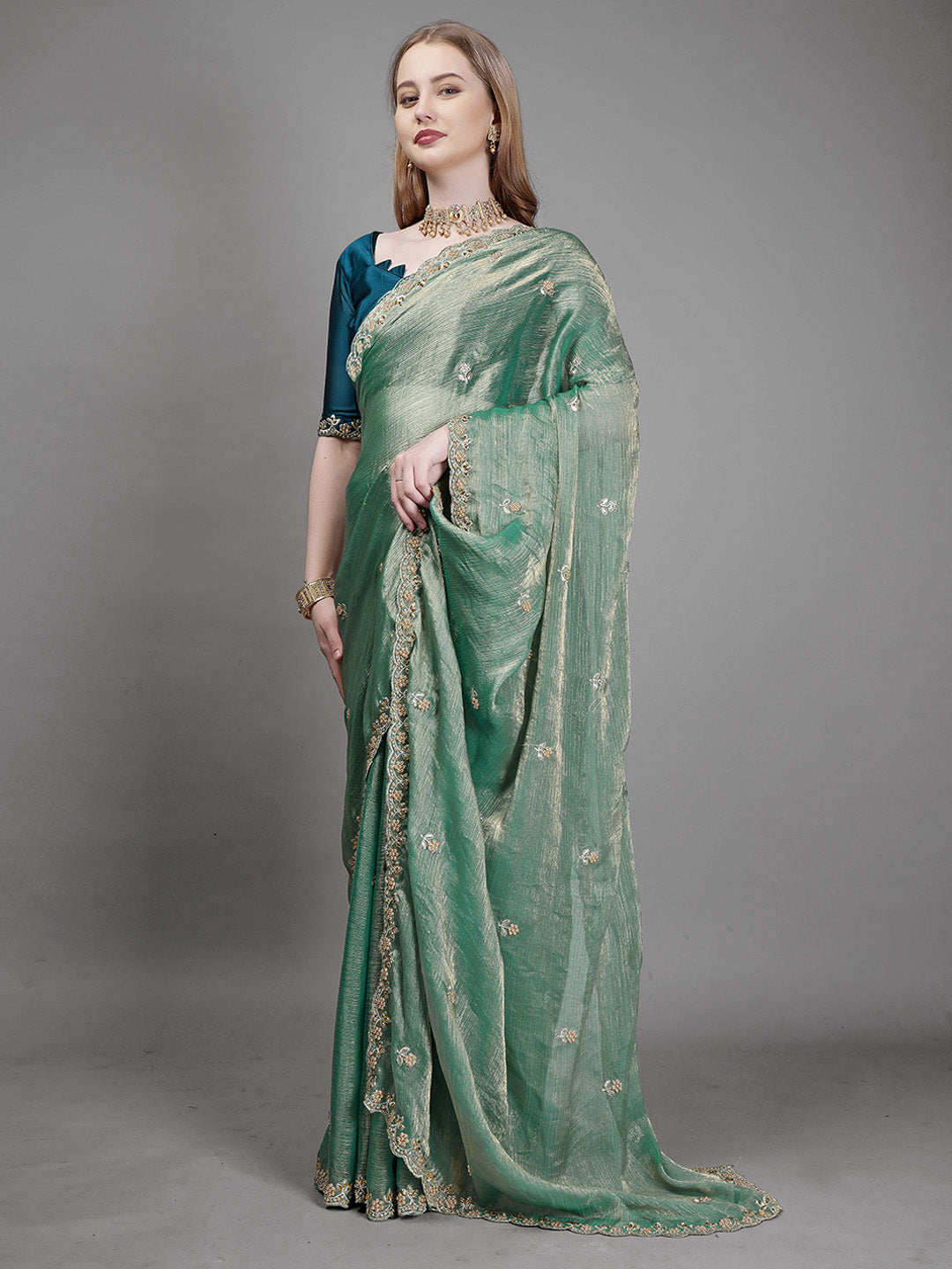 Urban Pallu Embellished Embroidered Organza Heavy Work Mysore Silk Saree