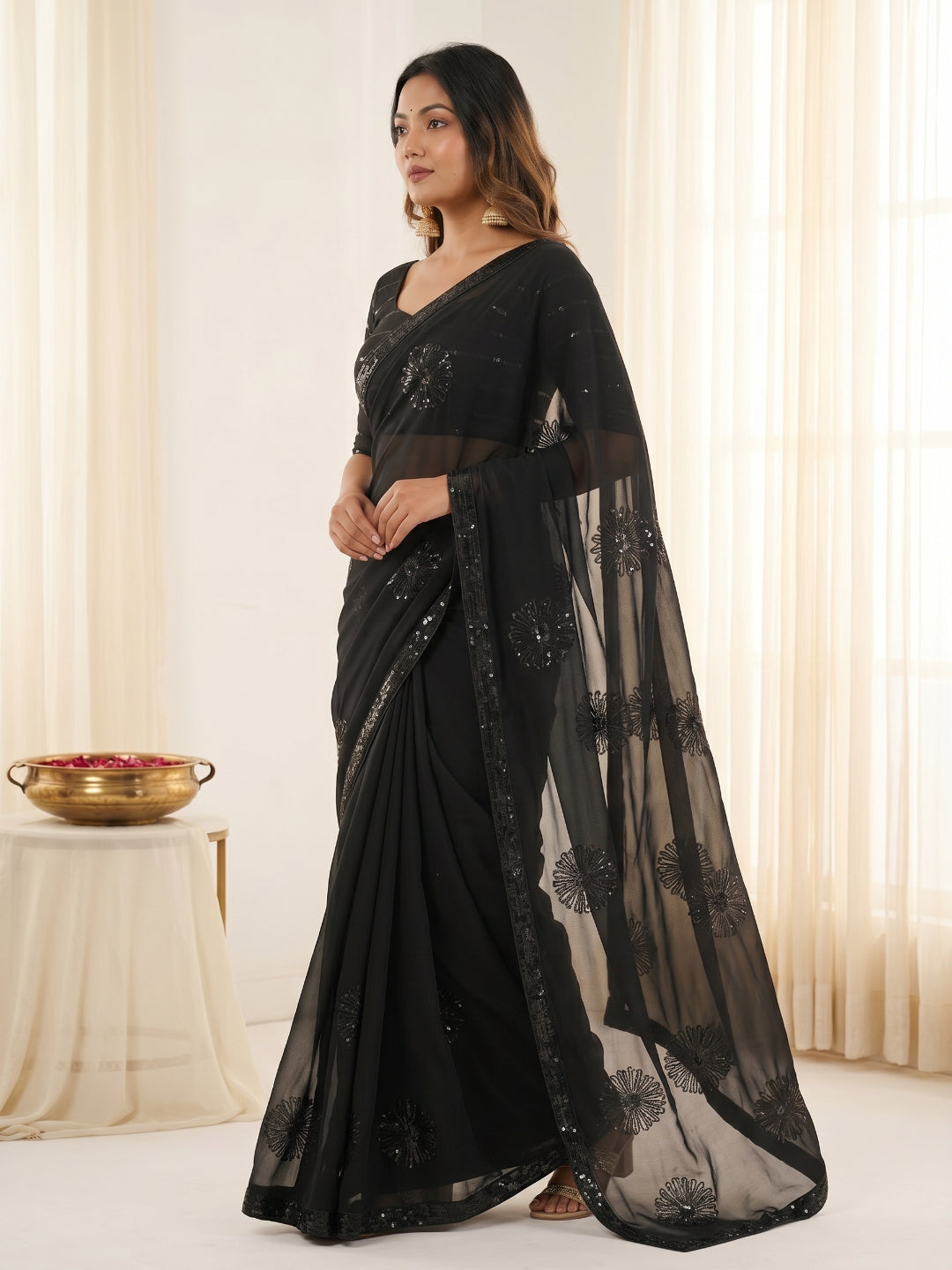 Urban Pallu Embroidered Poly Georgette Festive Saree
