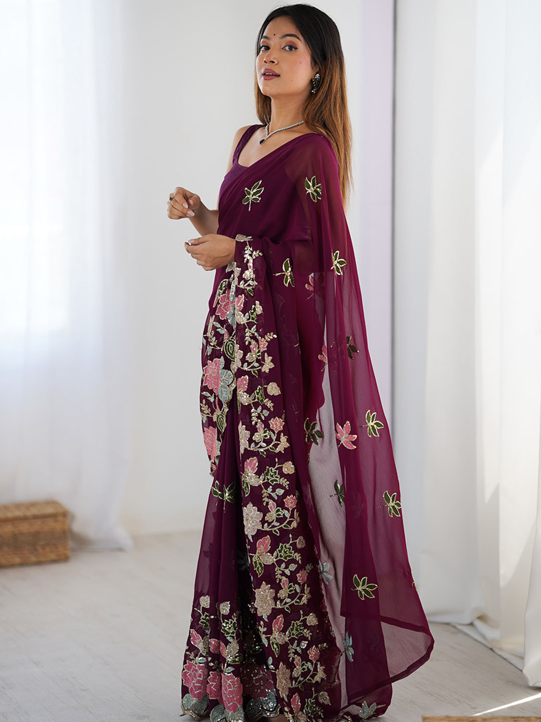 Urban Pallu Floral Sequinned Poly Georgette Heavy Work Saree