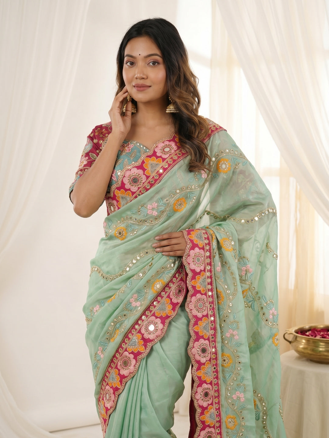 Urban Pallu Embroidered Silk Blend Festive Saree